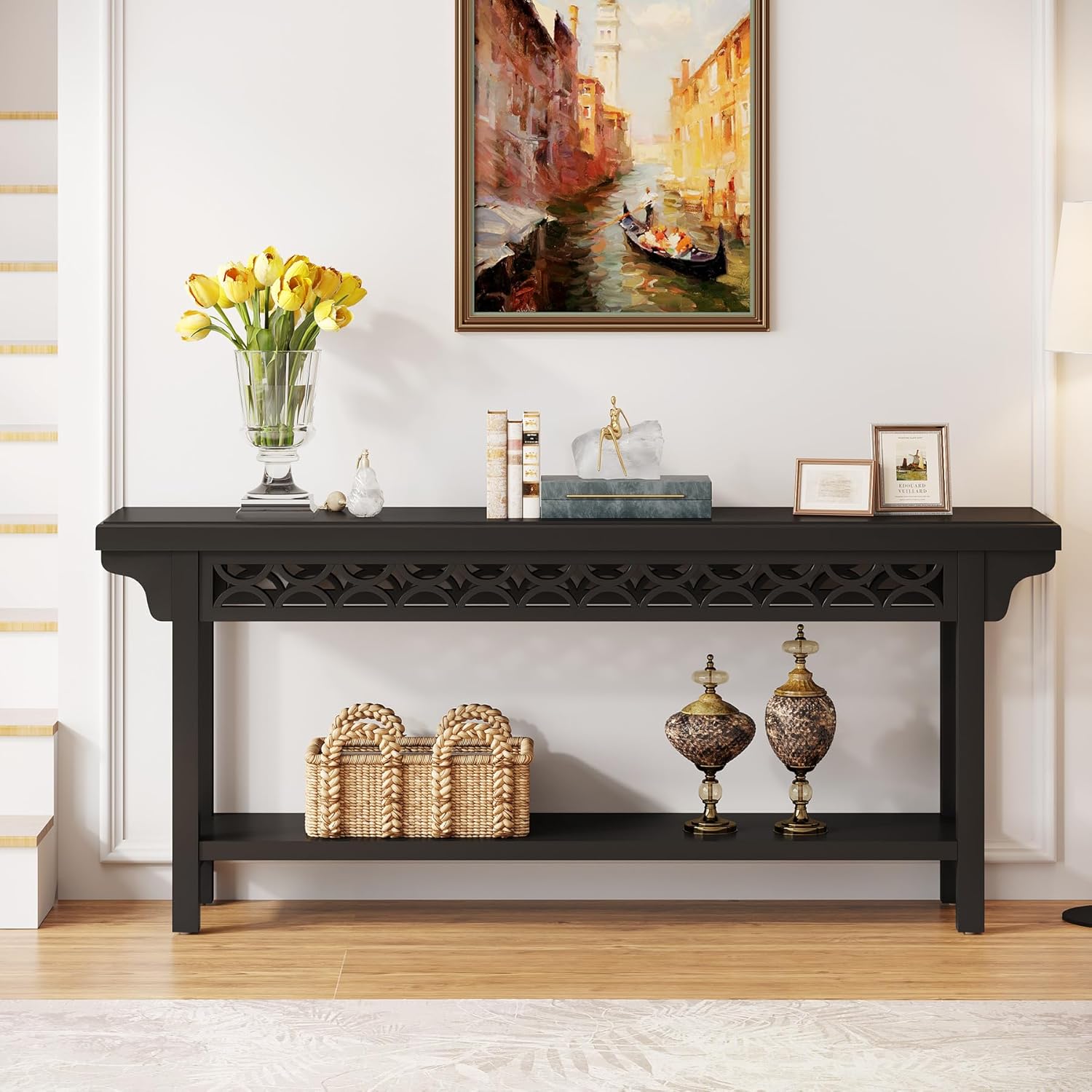 Tribesigns 70.8-Inch Solid Wood Long Console Table, Farmhouse Entryway Table with Storage, Narrow Sofa Table Grey Couch Table for Living Room Entryway Hallway (Black)