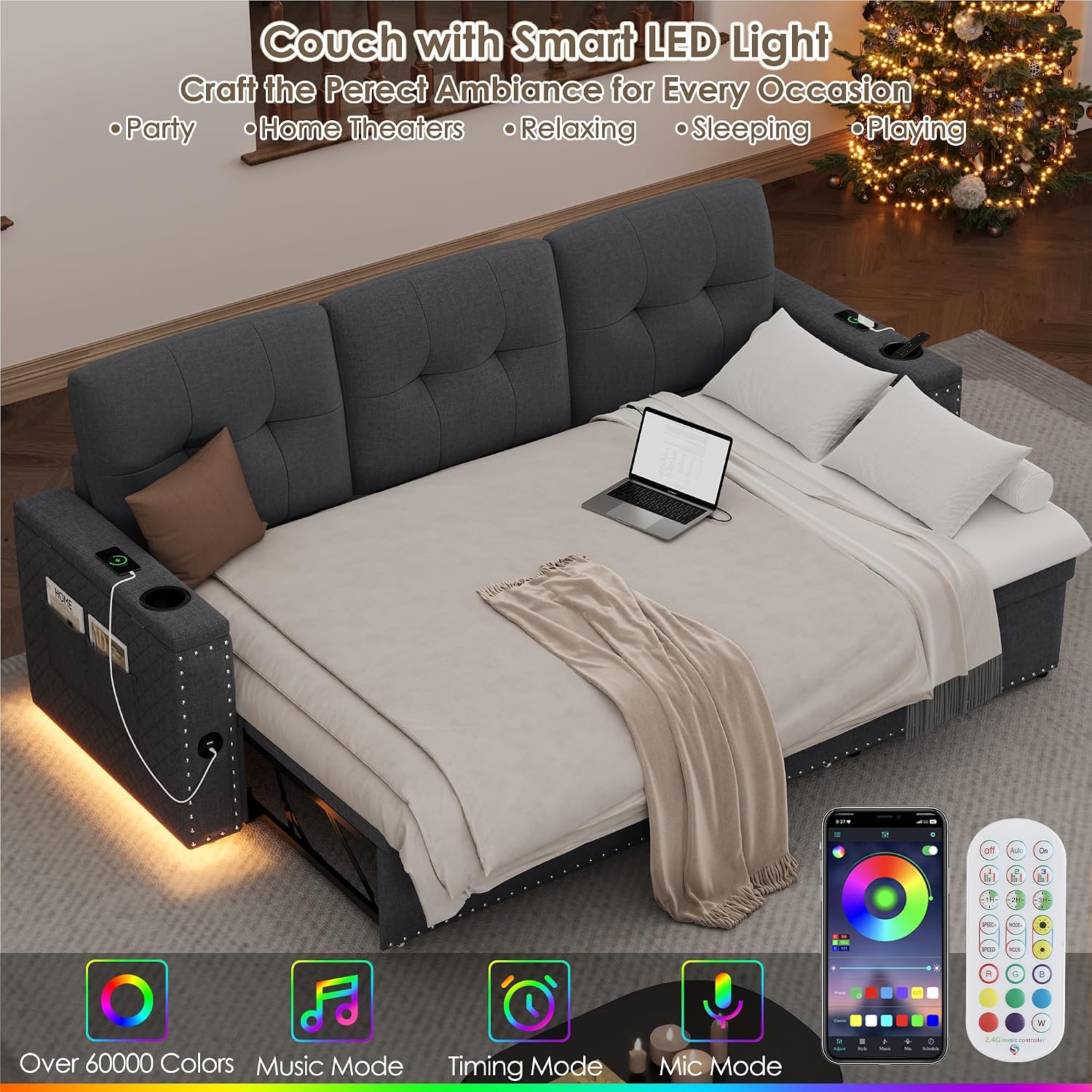 HIFIT Sleeper Sofa Bed- 81' L Shaped Pull Out Couches for Living Room with Storage Chaise, 2 Storage Armrest, LED Light&USB Port&Cupholder, Modern Linen Sectional Home Sofa Living Room Furniture, Grey