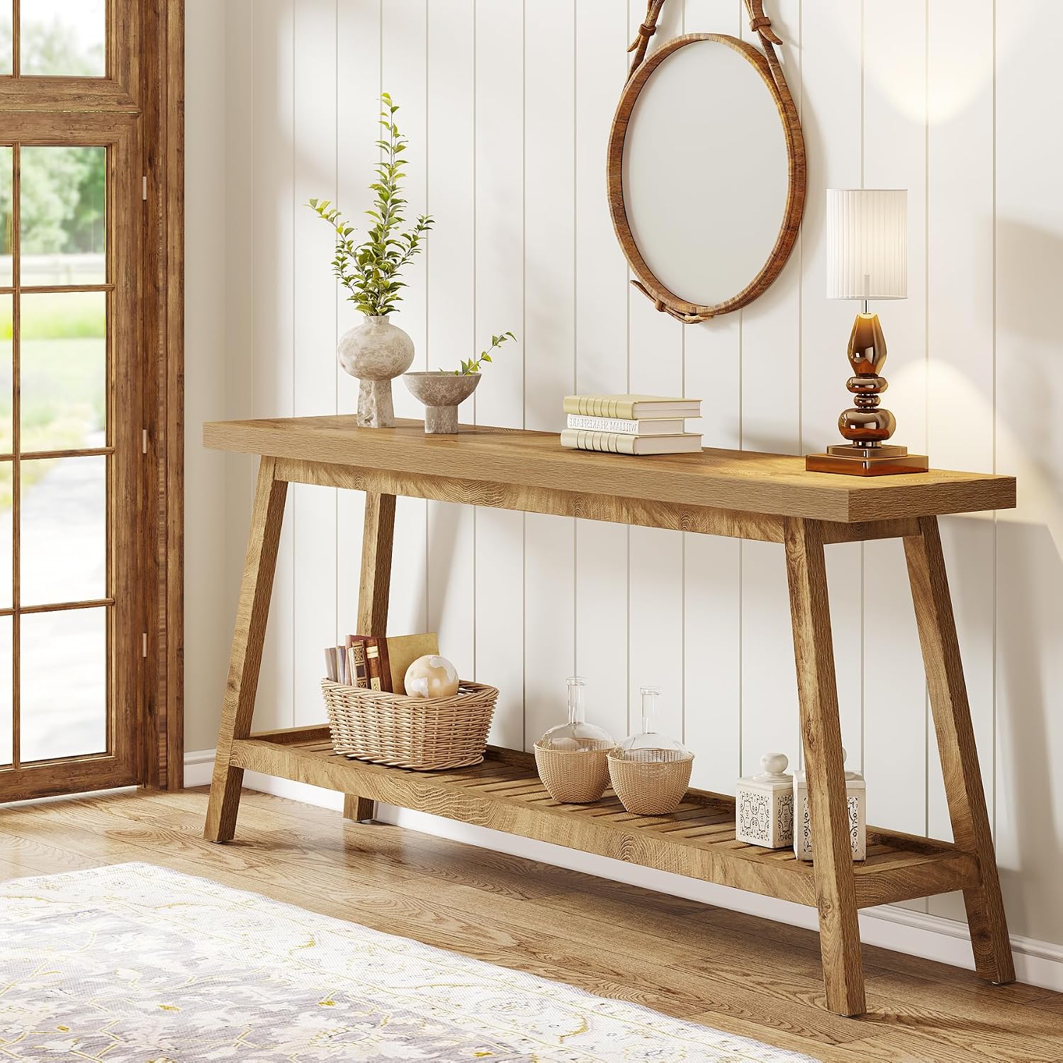Tribesigns Farmhouse Console Entryway Table: 70.9 Inches Extra Long Console Table for Entryway, 2-Tier Narrow Wood Foyer Sofa Couch Table for Hallway, Entrance, Living Room, Yellow Brown