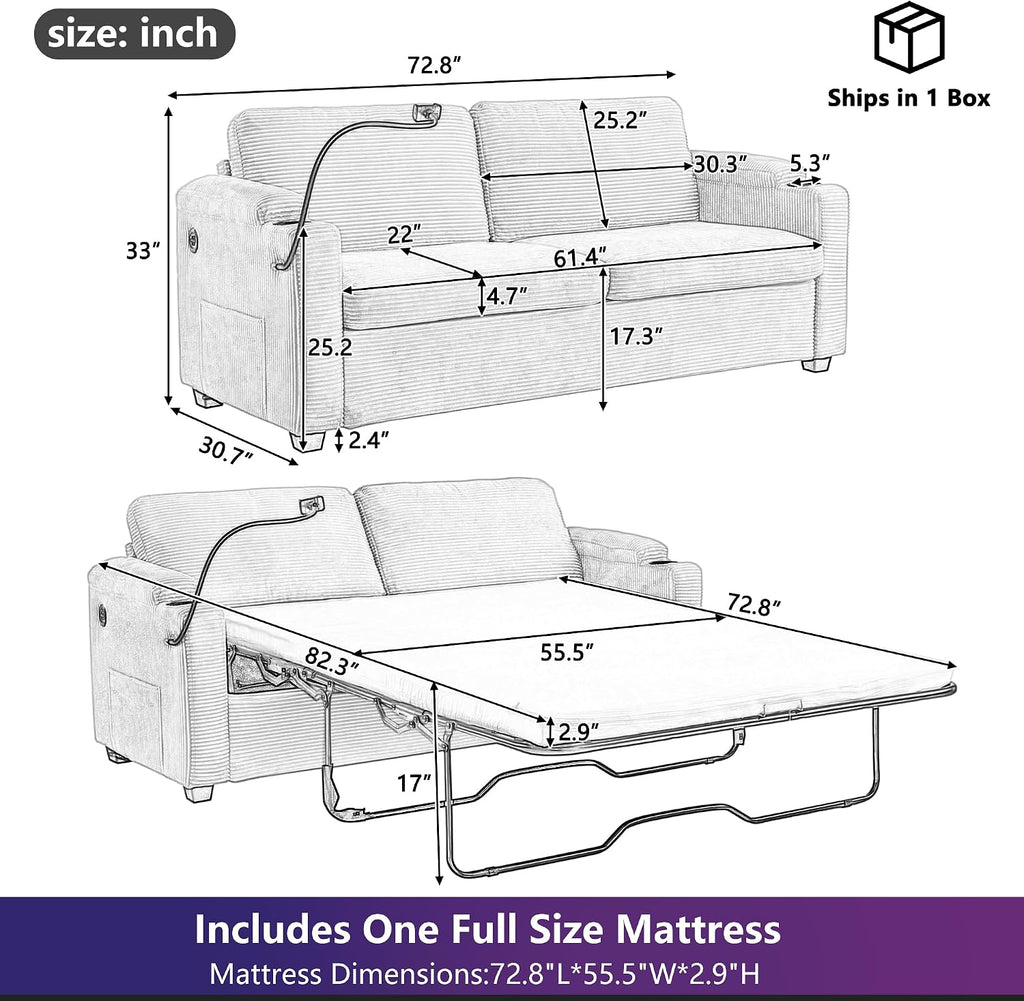 Merax 72.8' Corduroy Sleeper Sofa Bed with Full Size Mattress, Futon Couches with USB Ports | Phone & Cup Holders| Side Pockets,Pull Out Couch for Living Room, Small Loveseat, Grey