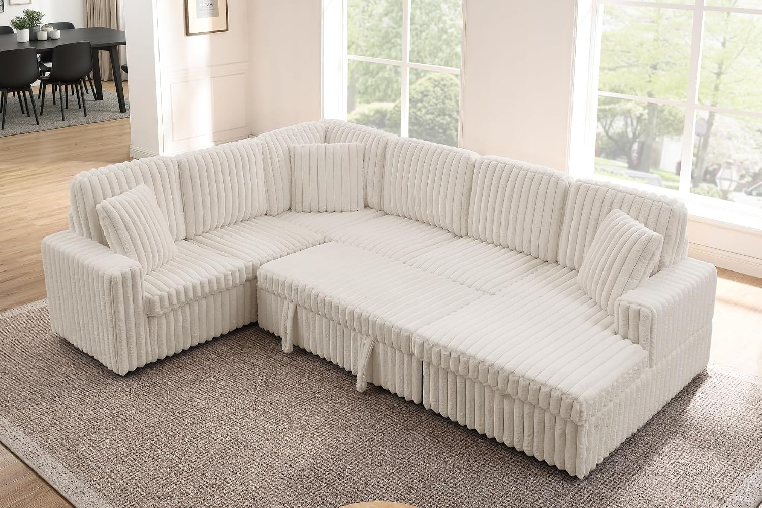 THSUPER 114-Inch Oversized U Shaped Plush Corduroy Fluffy Sectional Sleeper Sofa with Pull Out Bed and Storage Chaise Lounge - Beige