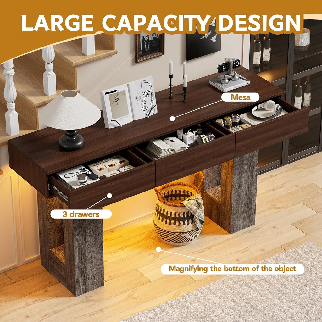 PAKASEPT 63-Inch Long Console Table with Colorful LED Lights and 3 Drawers, Farmhouse Sofa Table with Storage, Wooden Entryway Table for Hallway, Living Room, Foyer, Vintage Brown