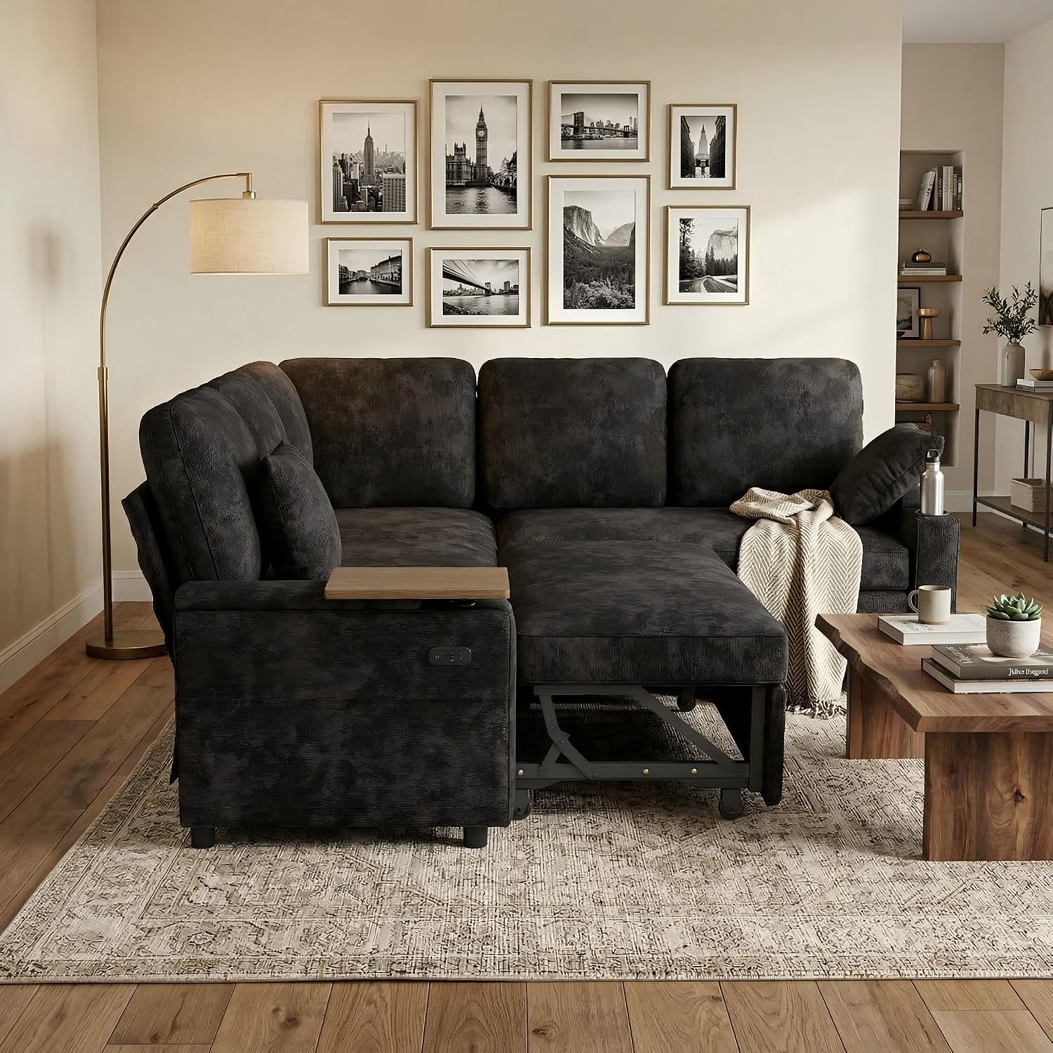 81' Modular Sectional Sofa, L Shaped 5-Seater Sleeper Sofa with Pull Out Bed, Hidden Storage, Cup Holders & USB Charging Ports, Sectional Couches for Living Room, Chenille, Black