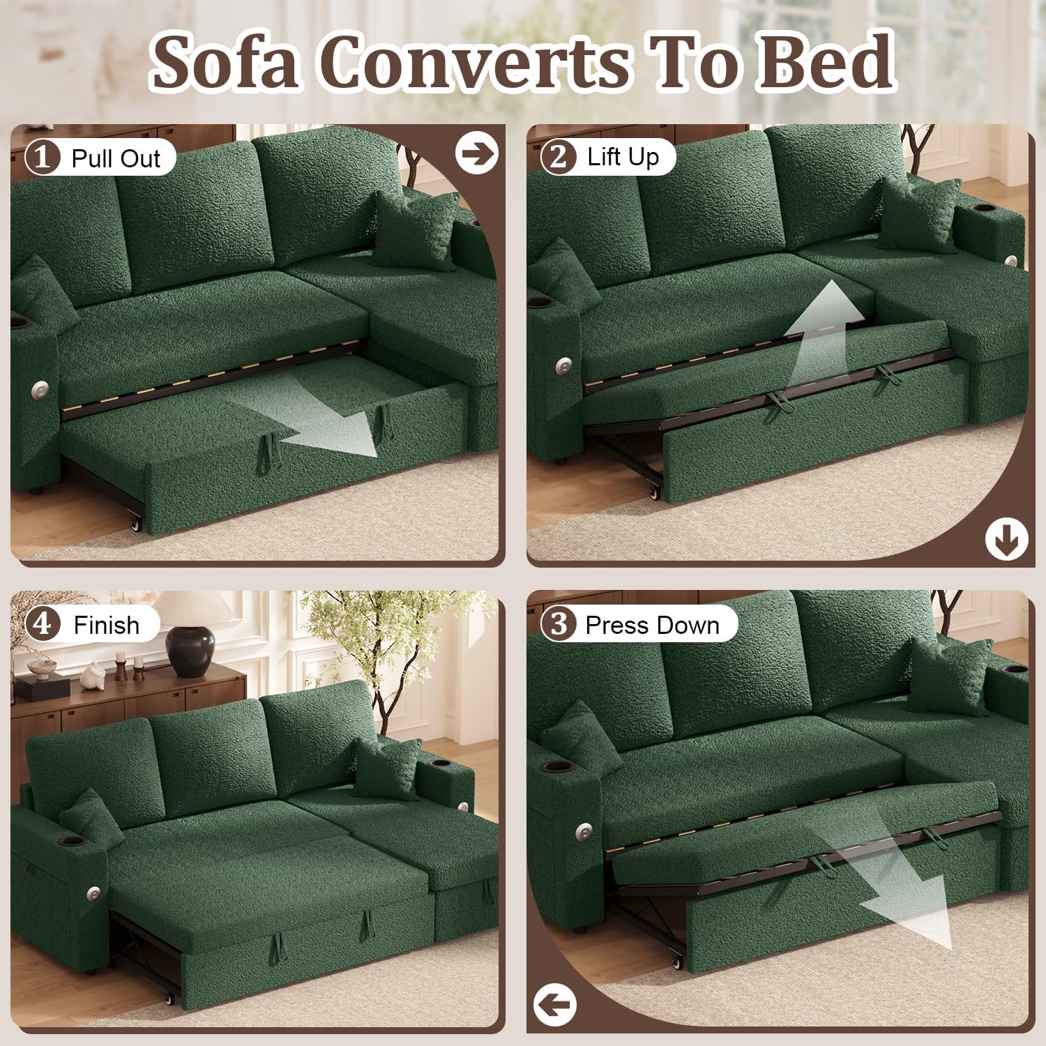 KCGKCG Sleeper Sofa Bed, 4-in-1 Pull Out Couch with Reversible Chaise | Dual USB & Type-C Charging | Dual Cup Holders | Layered Storage (Armrest + Chaise) for Living Room (Classic Green)