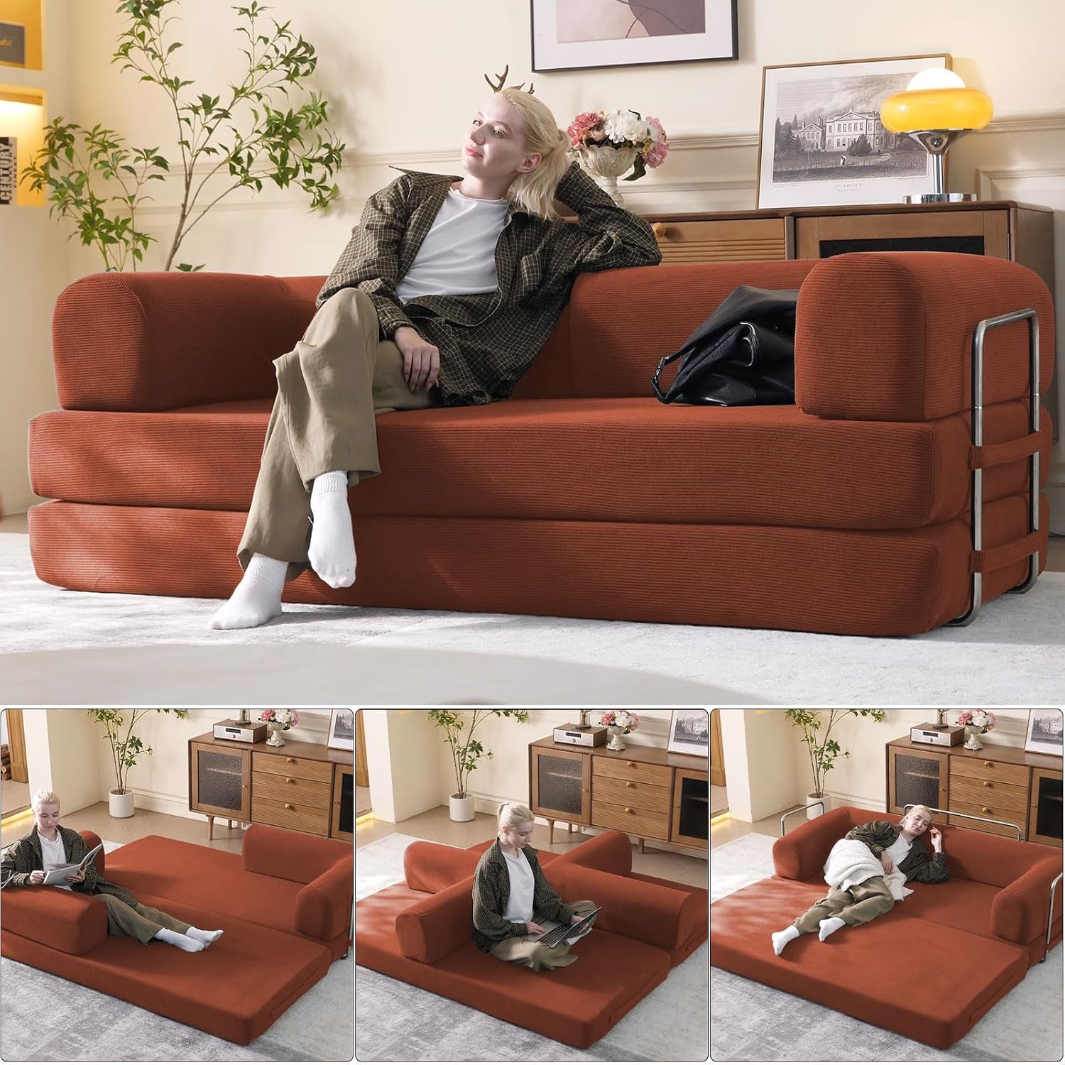 WHGBJA 79' Convertible Sleeper Sofa Bed with Cylindrical Pillow, Corduroy Folding Mattress Couch with Fixed-Shape Frame, Floor Sofa Lounge Couch for Living Room Bedroom Lounge Studio