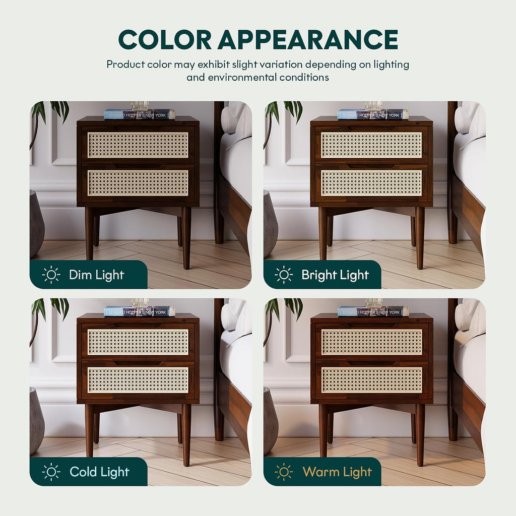 Bme Oliver Solid Wood Rattan Nightstand/Side Table/End Table, Fully Assembled, for Bohemian & Mid Century Style Bedroom and Living Room, Walnut