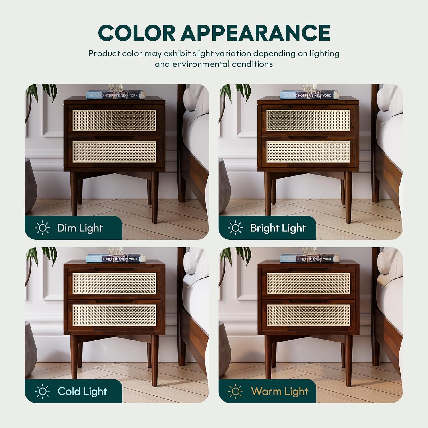 Bme Oliver Solid Wood Rattan Nightstand/Side Table/End Table, Fully Assembled, for Bohemian & Mid Century Style Bedroom and Living Room, Walnut