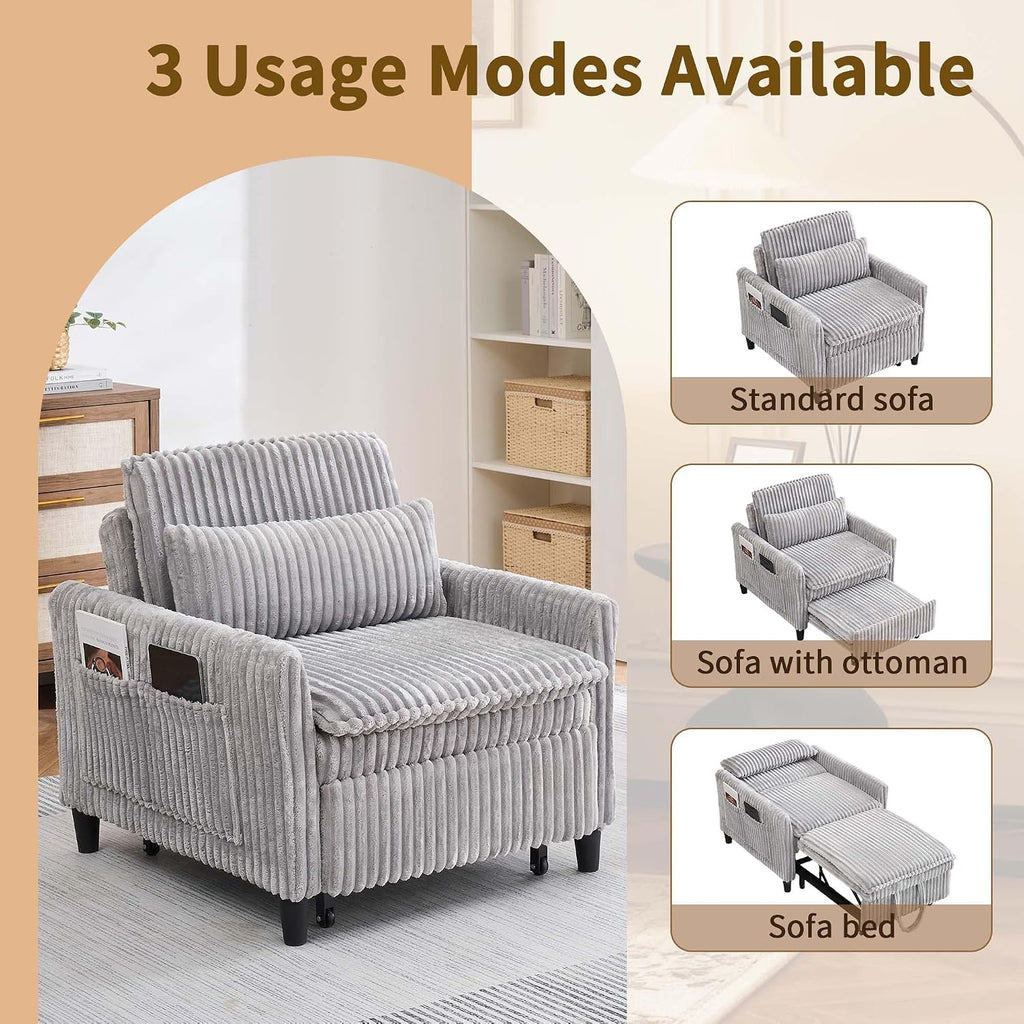 Majnesvon Modern Corduroy Fabric Sofa Bed Futon,3 in 1 Convertible Pullout Bed Sleeper Couches with 3 Reclining Backrests,Small Sofa Chair Bed for Living Room Bedroom (Light Grey)
