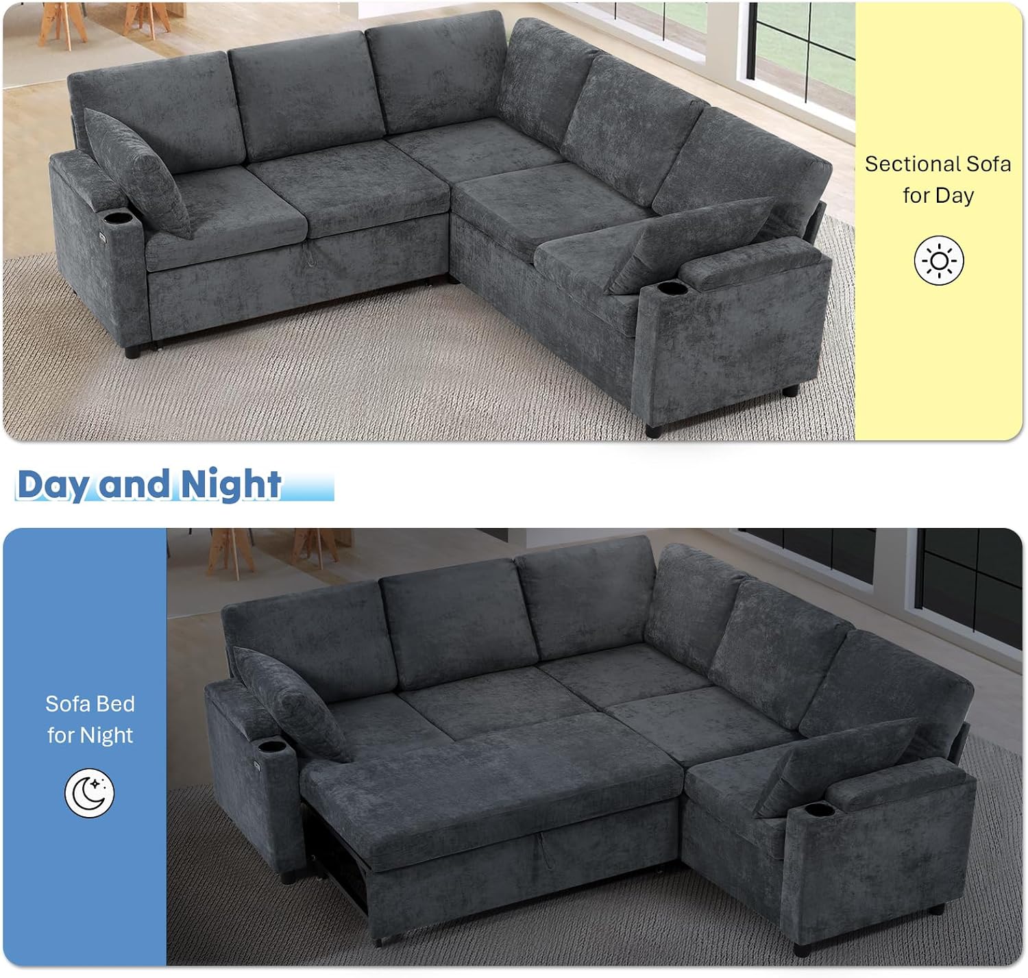 85' Chenille Reversible Sectional Sofa w/Pull Out Bed, Upholstery L-Shaped Couch w/Storage Armrests & Cup Holders, Modern Corner Sofa w/USB Charging Port & Throw Pillow for Living Room, Grey