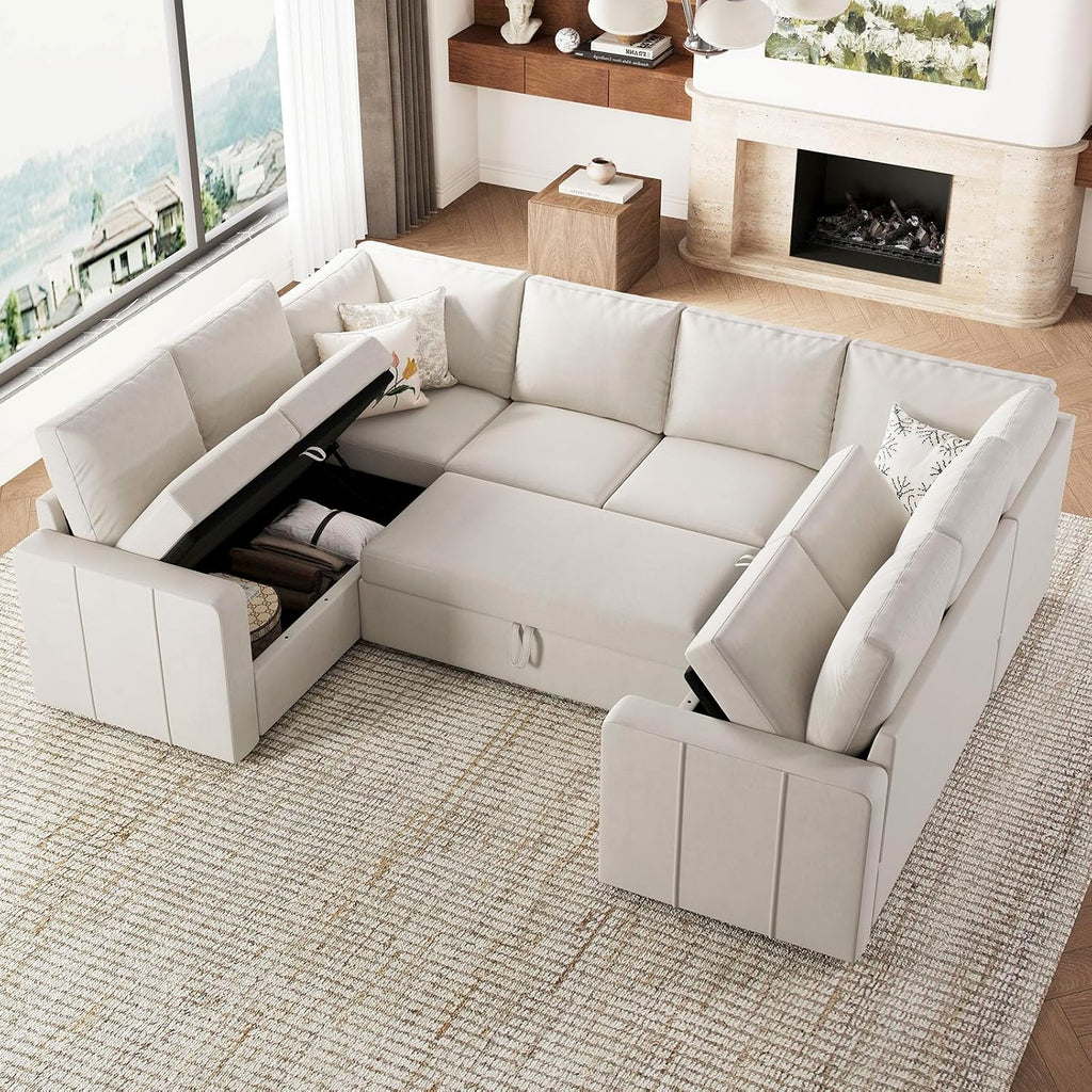 Belffin Modular Sectional Sleeper Sofa Bed with Pull Out Couch, Oversized U Shaped Sleeper Pull Out Bed with Storage Loveseat, Convertible Sectional Couches for Living Room, Beige