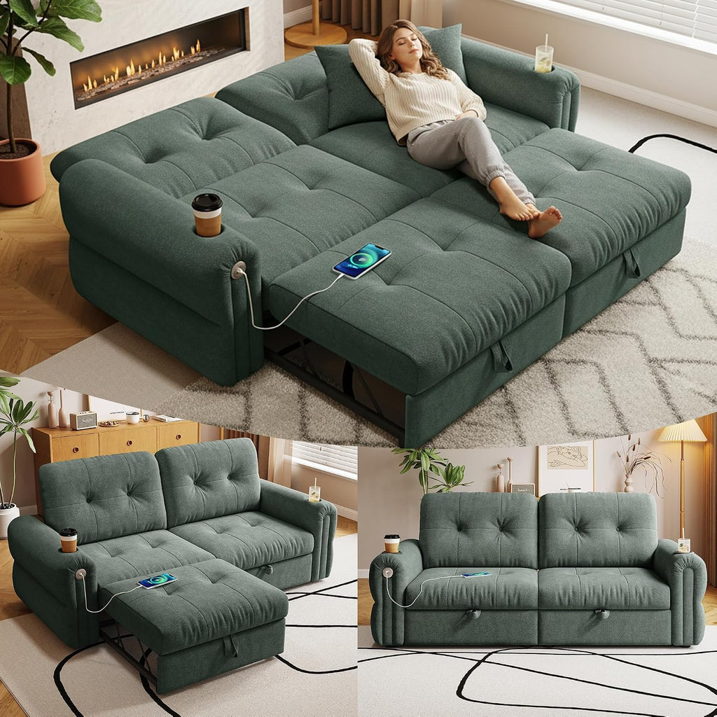 77' Queen Size Sofa Bed, Loveseat Sleeper Sofa with Pull Out Bed and USB, 2 Seater Convertible Small Couch for Living Room Bedroom Apartment (Green, Chenille)