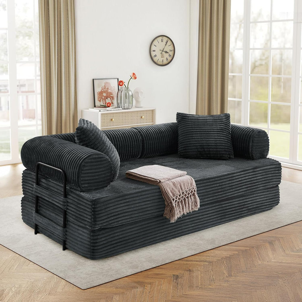 Antetek Modular Couch Bed, Convertible Folding Plush Corduroy Comfy Floor Compression Loveseat Sleeper Sofa Couch, King Size Bed for Guest Room Living Room Bedroom, No Assembly Required, Dark Grey