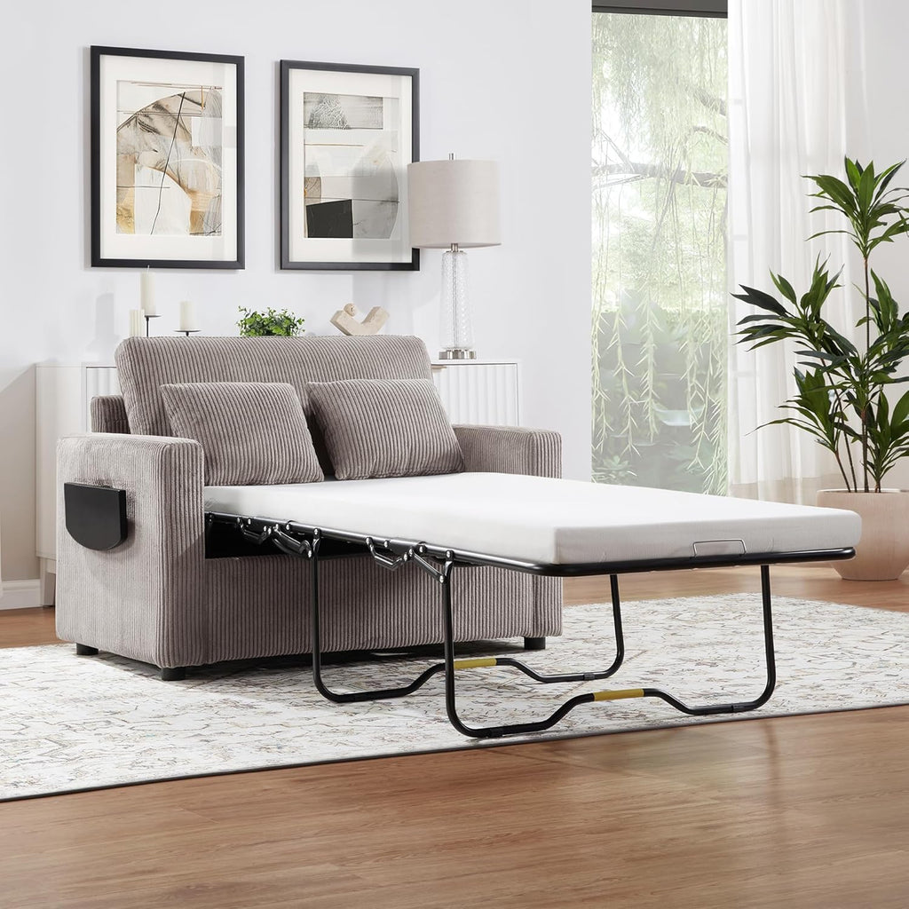 Twin Size Sofa Bed 47.2' Sleeper Sofa Loveseat Sofa with a Foldable Mattress, a Foldable Side Table, a Side Storage Pocket and Two USB Ports for Living Room, Grey-Brown