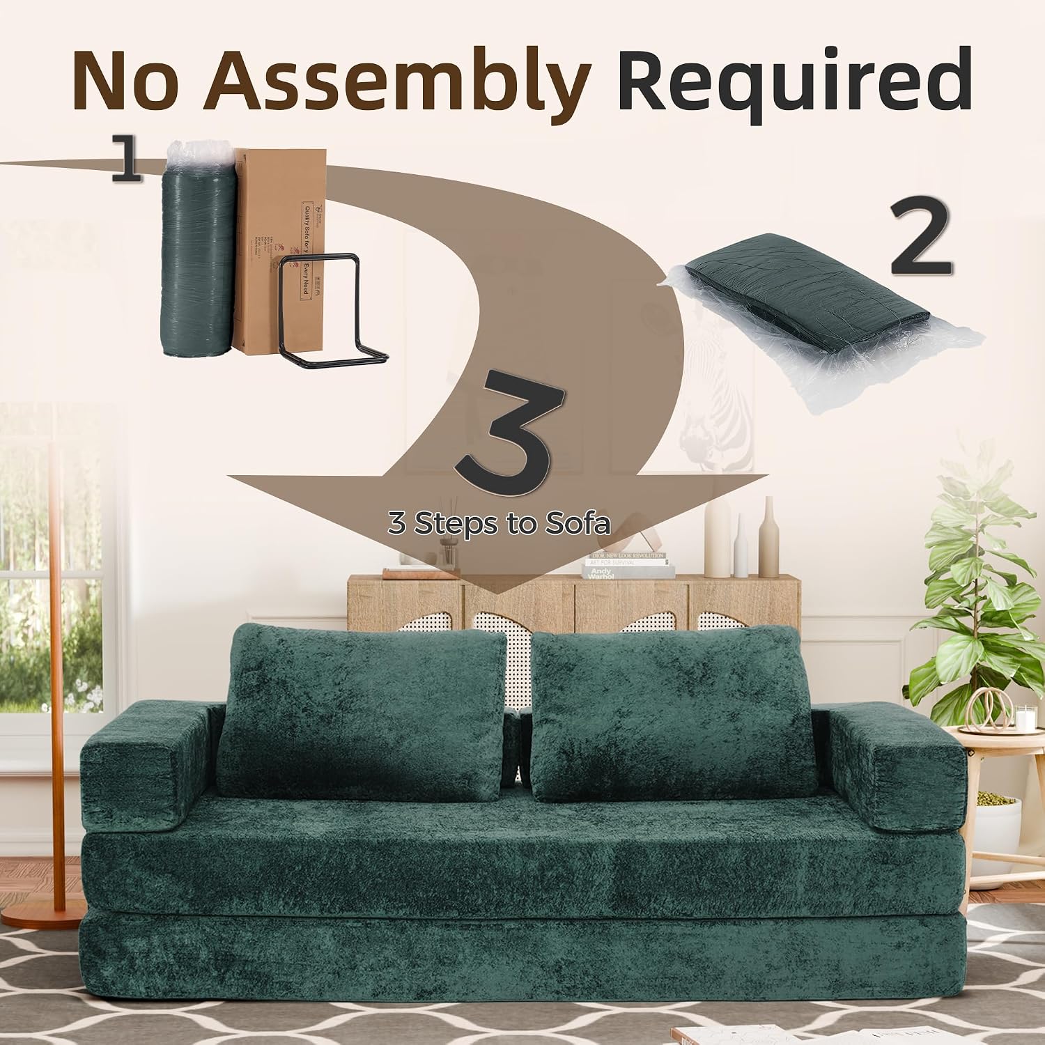 Convertible Sofa Bed, 4-in-1 DIY Combination Modular Couch with Pillows, Comfy Boneless Sleeper Sofa Bed with Fixed-Shape Frame, Chenille Convertible Lounge Couch for Living Room, Green