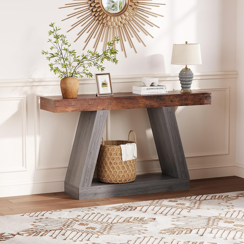 55 Inches Console Table, Sofa Table Behind Couch, 2-Tier Wooden Entry Tables for Entryway Foyer Hallway, Industrial Console Tables with Open Storage Shelf for Living Room