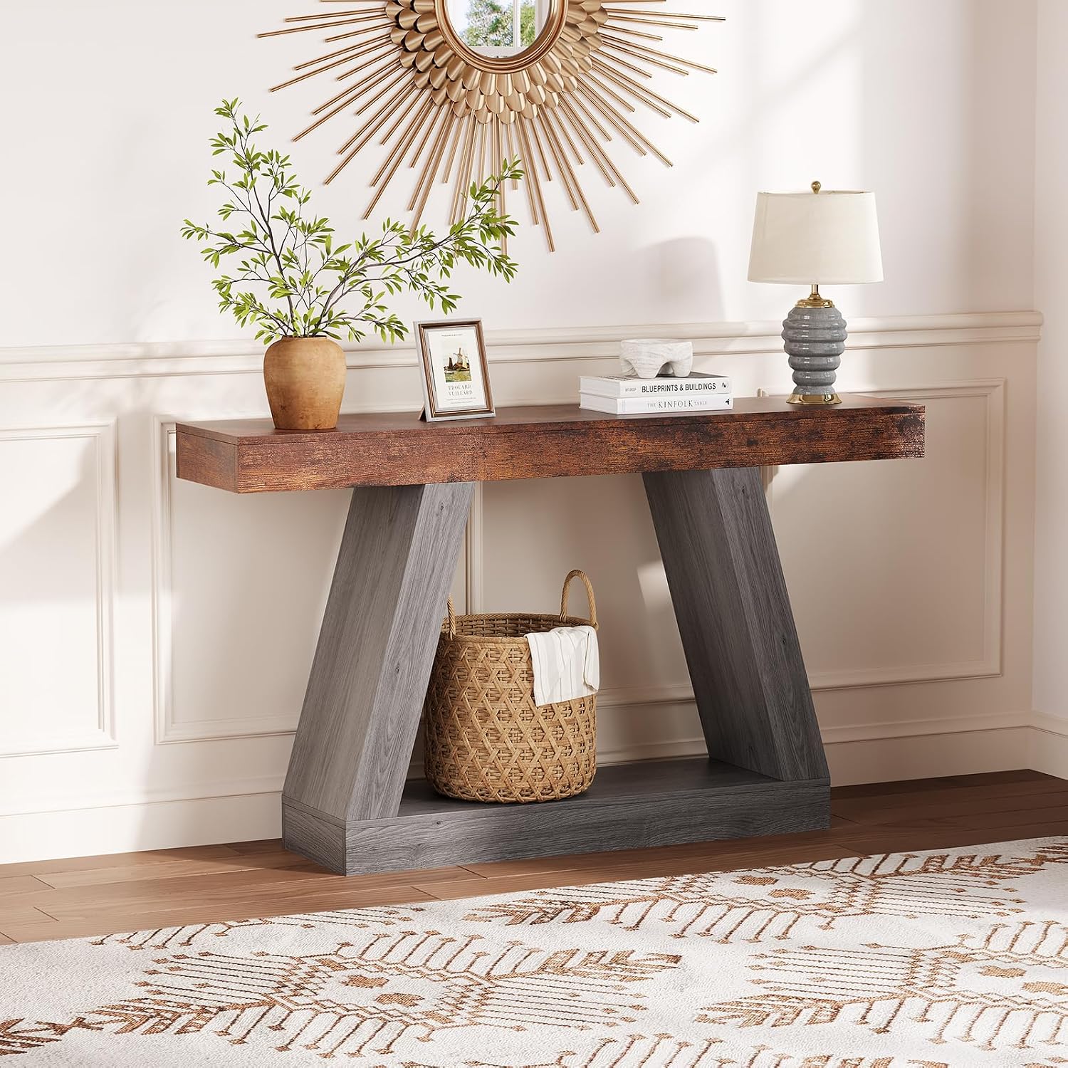 55 Inches Console Table, Sofa Table Behind Couch, 2-Tier Wooden Entry Tables for Entryway Foyer Hallway, Industrial Console Tables with Open Storage Shelf for Living Room