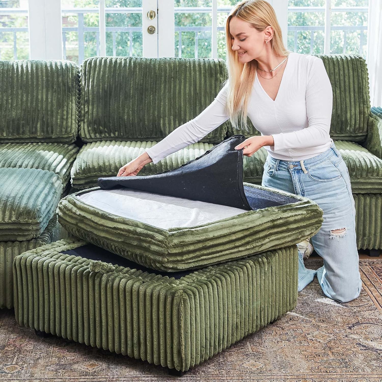 Belffin Modular Sectional Sofa with Sleeper Sofa, Oversized Cloud Couch with Extra Deep Seat, Upholstered 9 Seat Sectional Couches for Living Room, Plush Corduroy Green