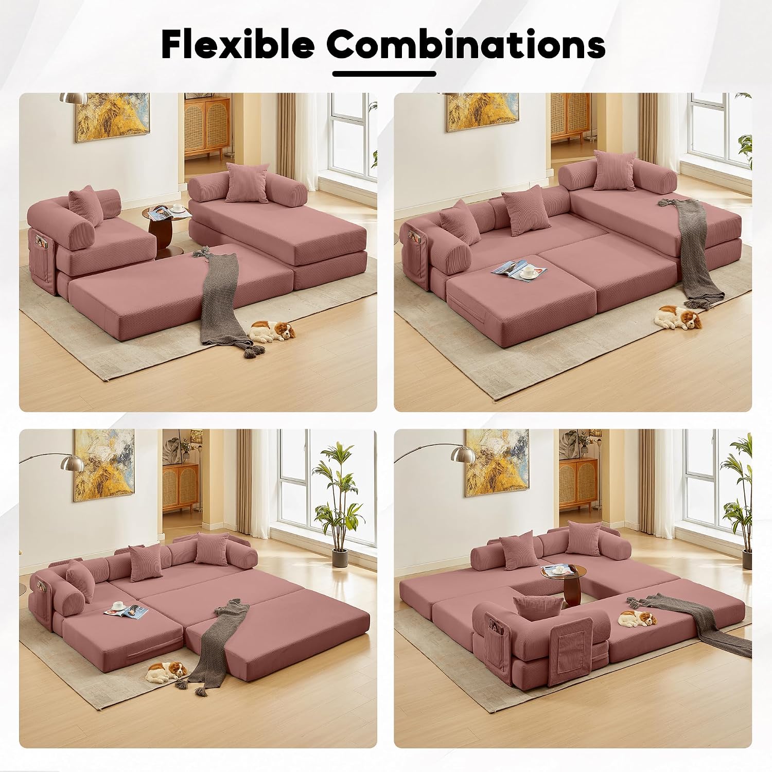 Modular L Shaped Sofa Bed with Cylindrical Pillow & Reversible Chaise, Corduroy Convertible Floor Boneless Sofa Couch Bed with Fixed-Shape Frame & Storage Pocket for Living Room, Pink