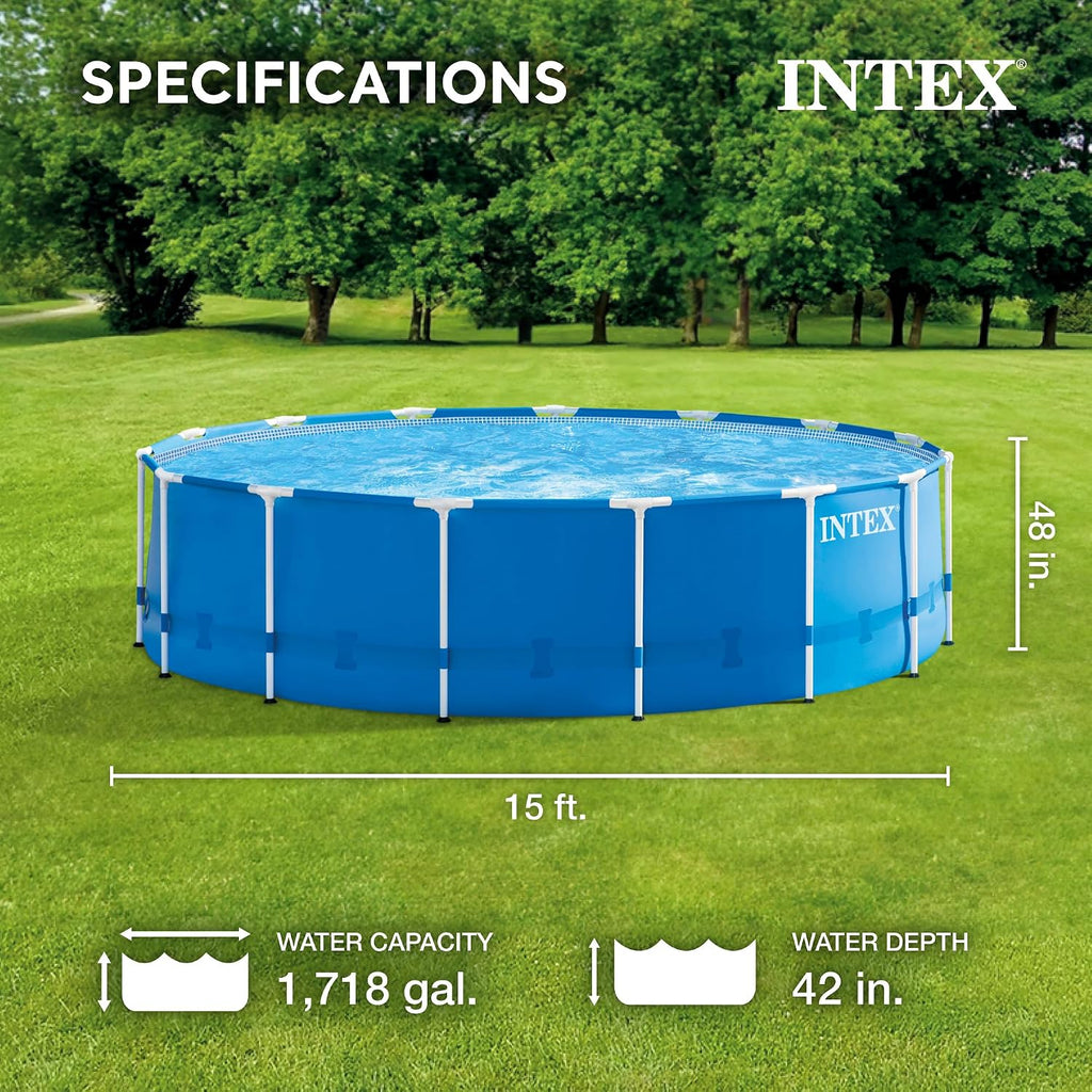 Intex 15 Foot by 48 Inch Round Metal Frame Above Ground Swimming Pool Set for Outdoor Use with Filter Pump, Ladder, Ground Cloth, and Cover, Blue