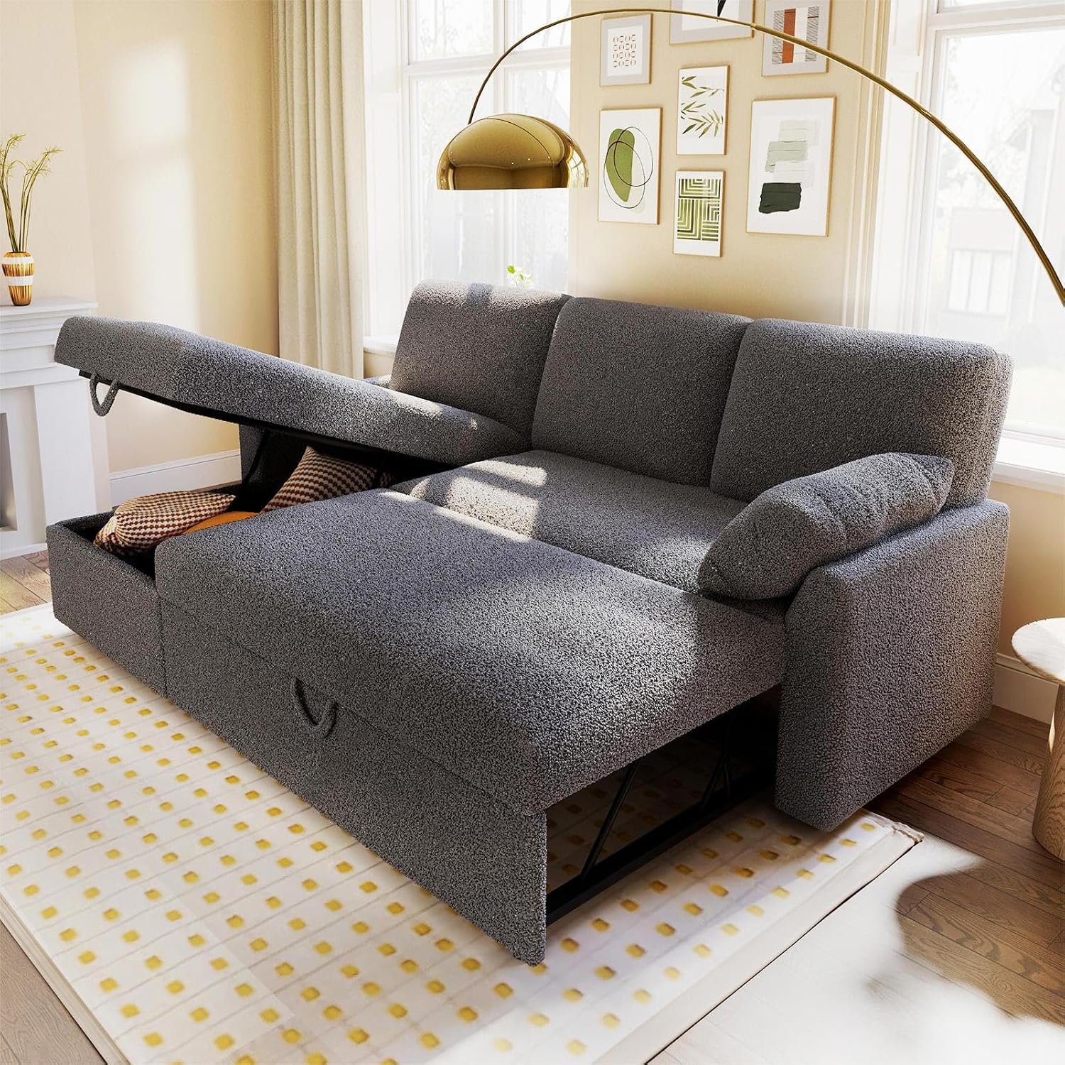 VanAcc Sofa Bed, Sleeper Sofa with Storage Chaise- 2 in 1 Pull Out Couch Living Room, Comfy Sleeper Couch, Grey Boucle