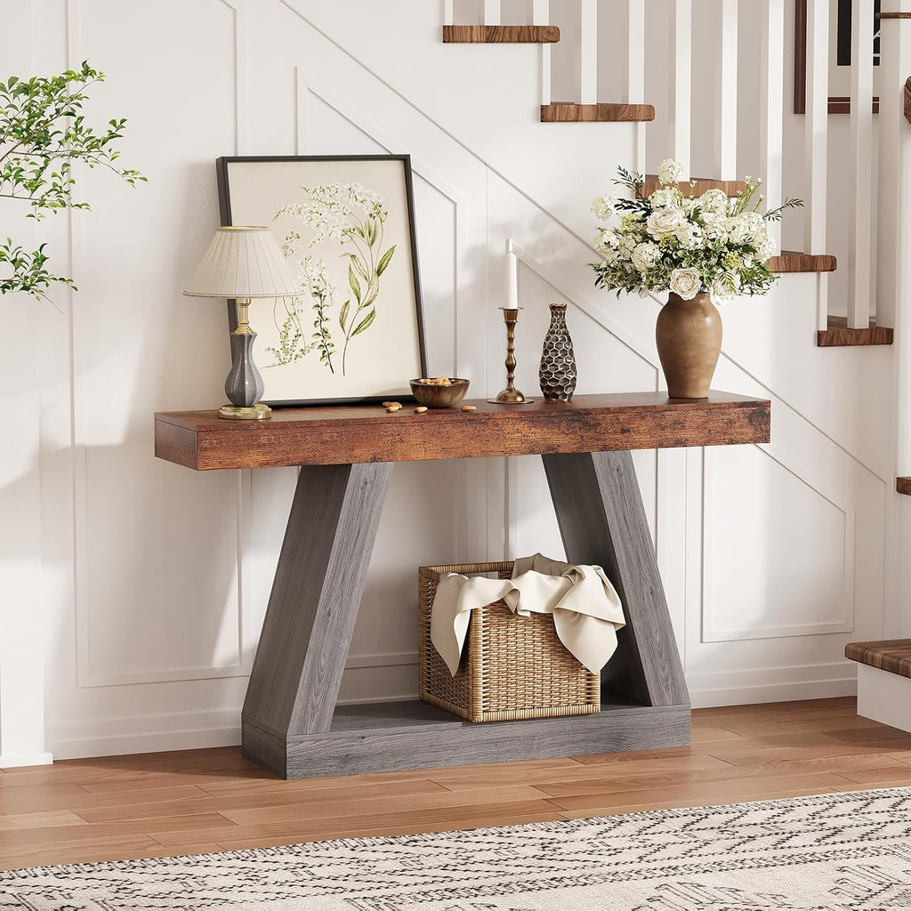 55 Inches Console Table, Sofa Table Behind Couch, 2-Tier Wooden Entry Tables for Entryway Foyer Hallway, Industrial Console Tables with Open Storage Shelf for Living Room
