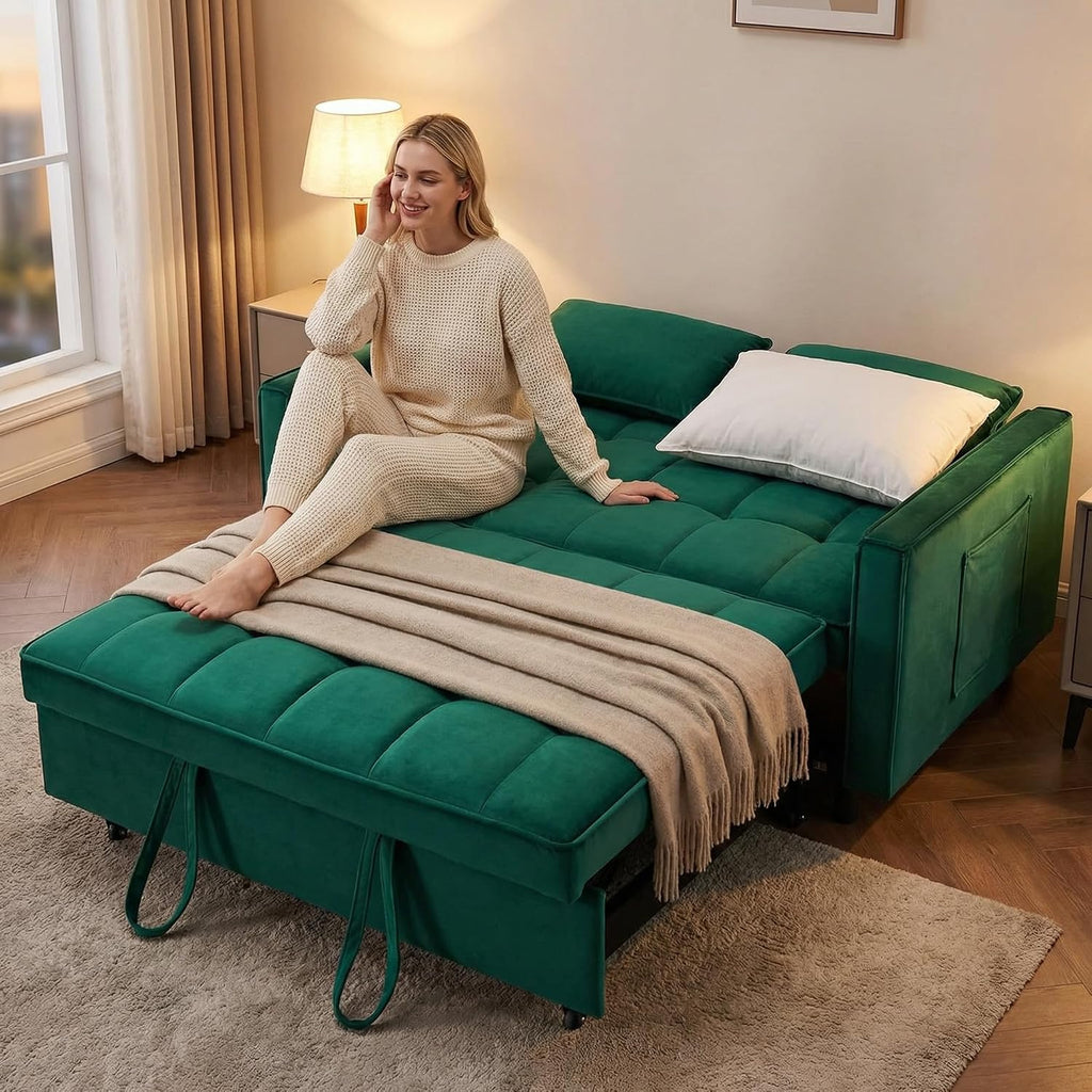 55in Pull Out Sofa Bed, 3 in 1 Convertible Sleeper Sofa Bed with Side Pockets & Adjustable Backrest, Velvet Fabric Loveseat Pull Out Couch for Living Room Bedroom Apartment & RV, Green