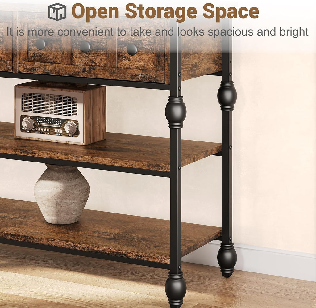 Garvee Console Sofa Table 53 in, Entryway Table with 3 Drawers, 3 Tier Metal Sofa Table, Open Shelf Behind Couch Table for Hallway, Living Room, Roman Column Design, Rustic Brown