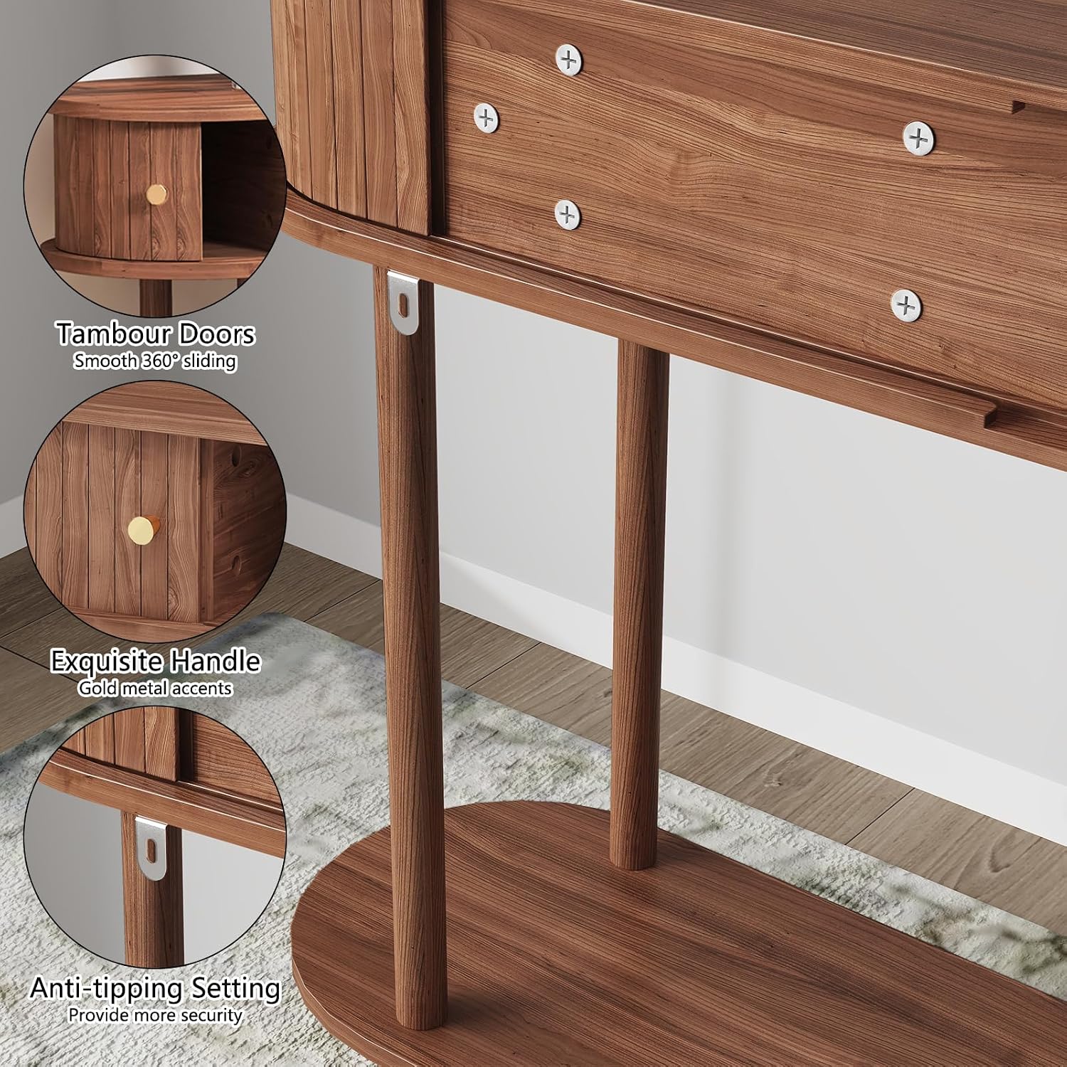 ARTPOWER 47.2' Modern Entryway Table with Wood Tambour Door, Accent Behind Couch Sofa Console with Storage, Fluted Side Table for Hallway, Living Room, Foyer, Brown