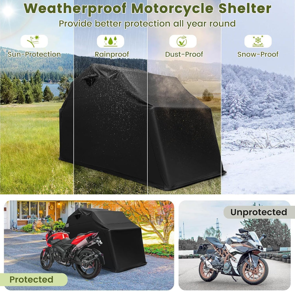 ERGOMASTER Motorcycle Shed, 136' x 54' x 75' Heavy Duty Waterproof Motorcycle Garage with 600D Oxford Fabric, Roll-up Mesh Windows Shed