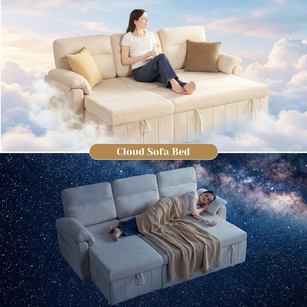 Tbfit 84'' Pull Out Sofa, 3 in 1 Sleeper Sofa Couch with USB & Storage Chaise, Cloud Sofa Bed with Pull Out Bed, Chenille Convertible Sleeper Sofas for Living Room, Small Spaces, Beige