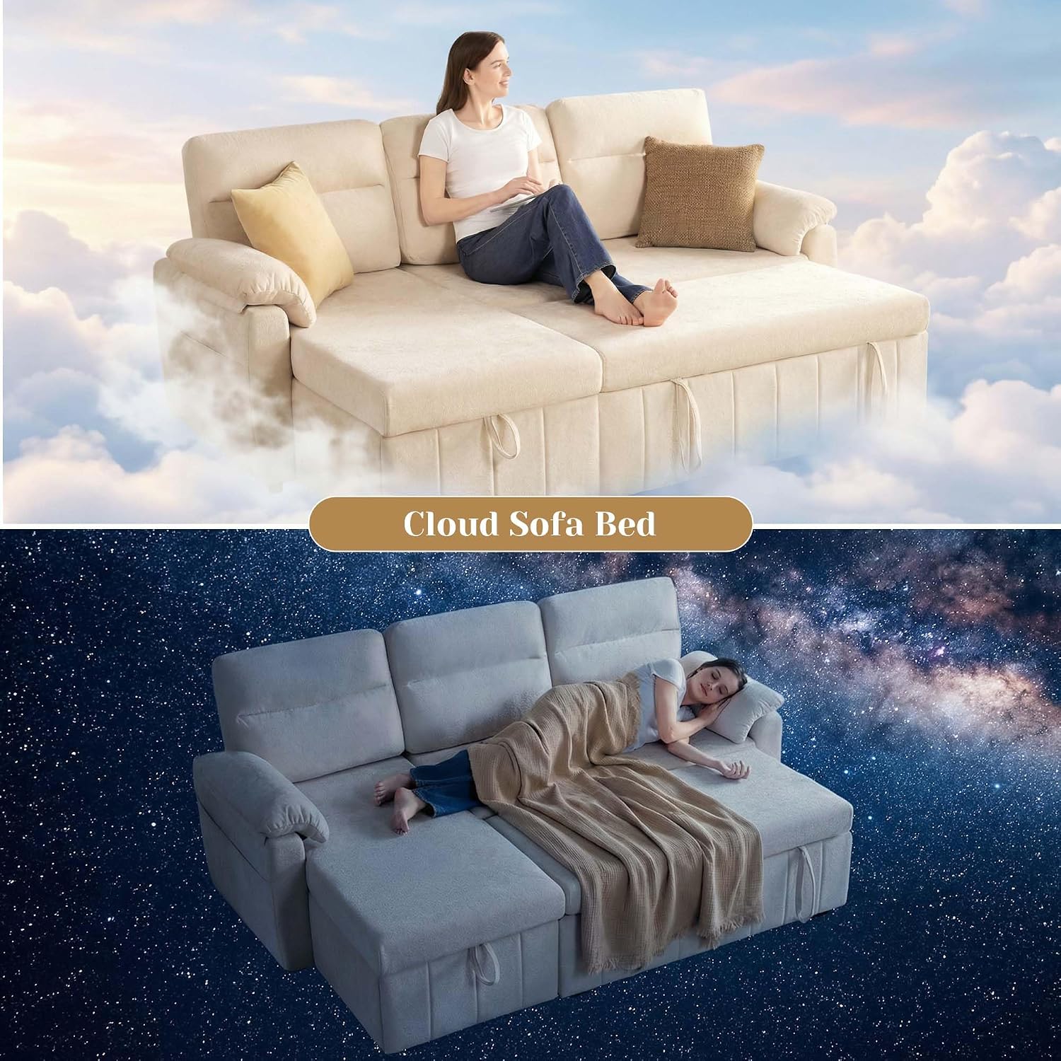 Tbfit 84'' Pull Out Sofa, 3 in 1 Sleeper Sofa Couch with USB & Storage Chaise, Cloud Sofa Bed with Pull Out Bed, Chenille Convertible Sleeper Sofas for Living Room, Small Spaces, Beige
