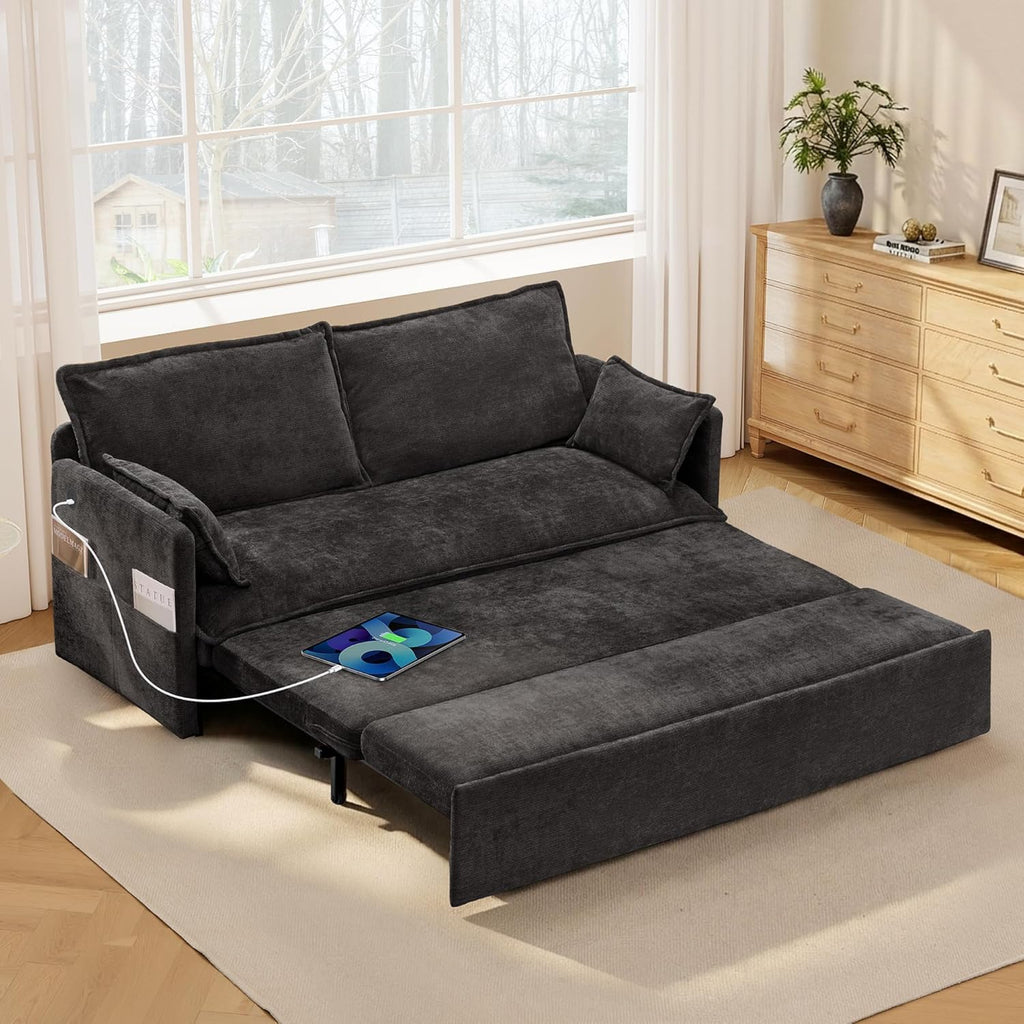 SUNWAVE 60' Queen Pull Out Sofa Bed - Convertible Sleeper Sofa Bed, Chenille Loveseat Pull Out Couch with USB Charging, Side Pockets for Living Room, Bedroom, Small Spaces(Ink, 60')