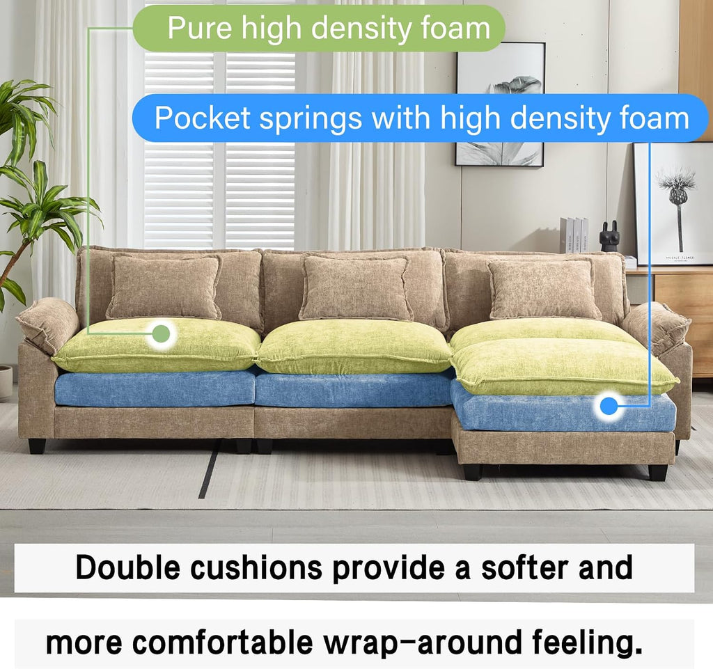 Oprisen 120' Modular Sectional Sofa, Comfy Cloud Couch Sectional Sofa with Ottoman, Chenille Sofa Sleeper Deep Seat Sofa with Throw Pillows for Living Room (Khaki, 120'- L Shape)