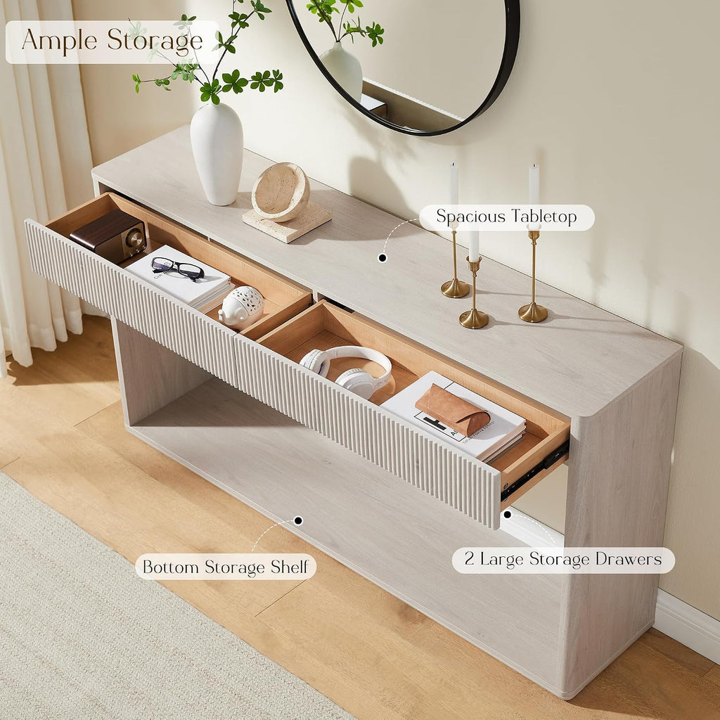 OKD 63' Fluted Console Table for Entryway, Modern Entryway Table with 2 Large Drawers, Long Sofa Table Behind Couch for Living Room, Hallway, Couch, Foyer，Alder White