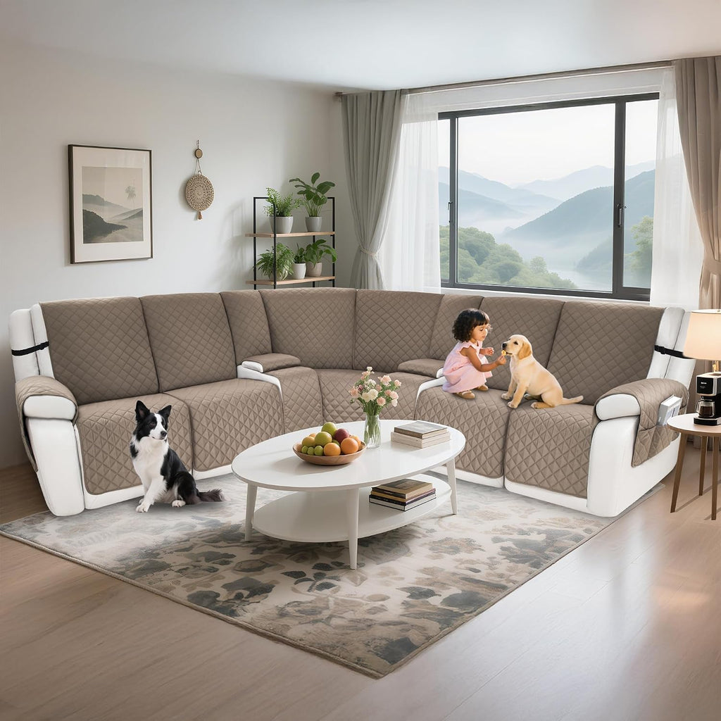 Waterproof Sectional Reclining Couch Covers L Shaped Recliner Sectional Sofa Cover 9 Piece Non Slip Washable Corner Recliner Slipcover Set for Pet Dog (5 Seater 2 Console Cover, Camel)