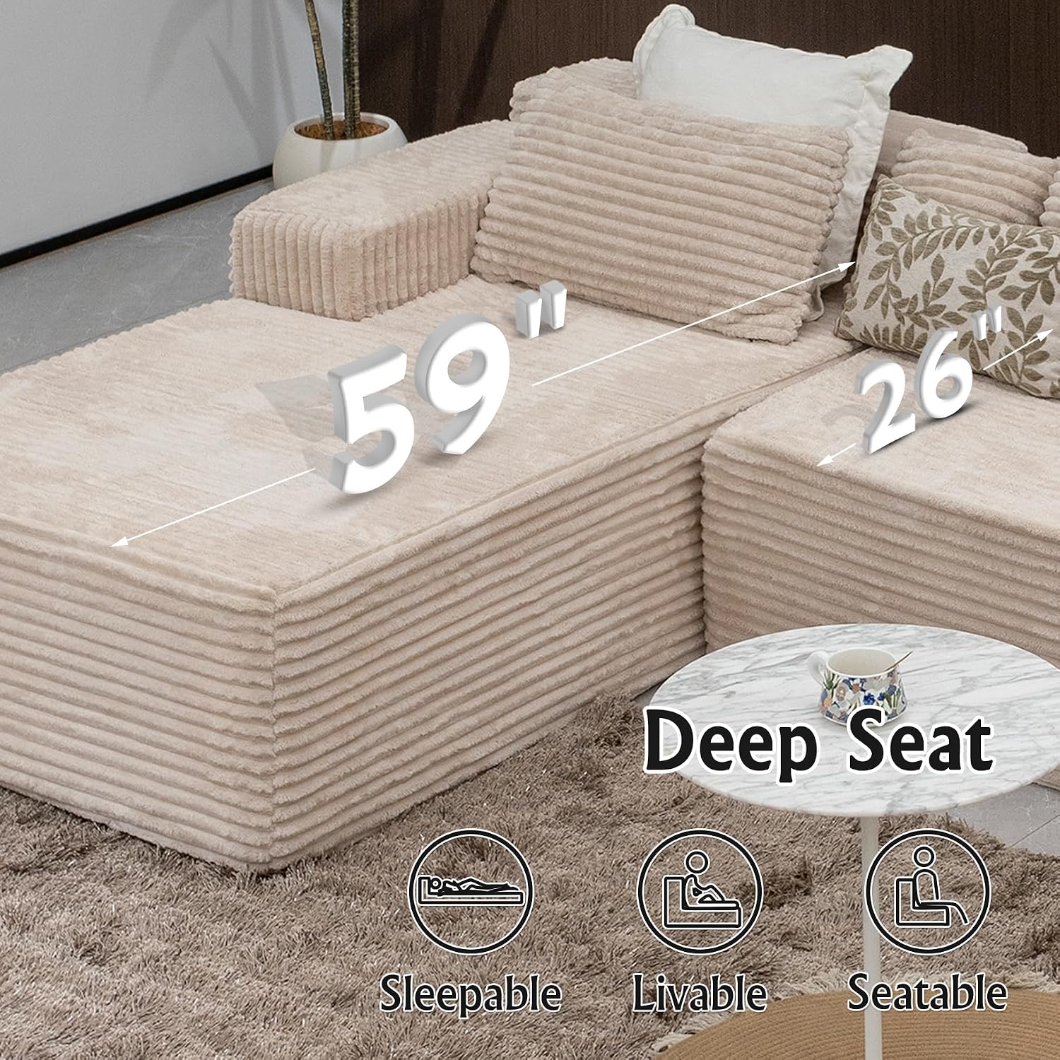 Sectional couches for Living Room Corduroy Couch, 104' Cloud Sectional Couch with L-Shape Chaise, Modern Modular Sofa, Deep Seat Comfort, No Assembly Required(Plush Corduroy, Left Facing Chaise)
