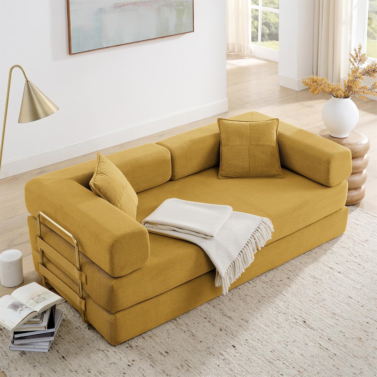 Modular Couch Bed, Convertible Folding Plush Corduroy Comfy Floor Memory Foam Compression Loveseat Sleeper Sofa Couch, King Size Bed for Guest Room Living Room Bedroom, No Assembly, Mustard Yellow