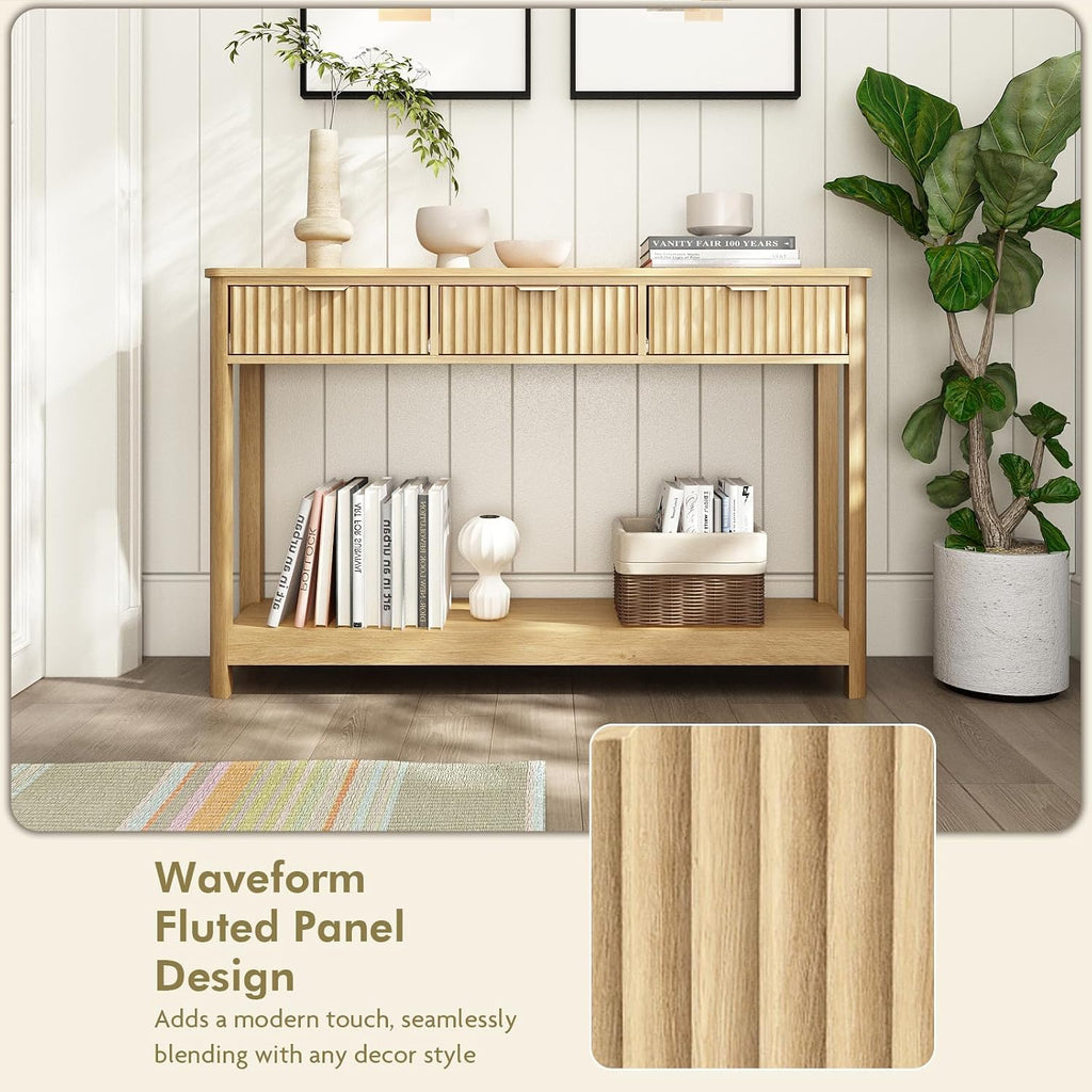 HOKYHOKY Fluted Console Table with Drawers, Modern 47.1' Entryway Table with Storage Shelf, Boho Narrow Skinny Behind Couch Wood Sofa Table for Living Room Hallway Entrance Foyer, Natural