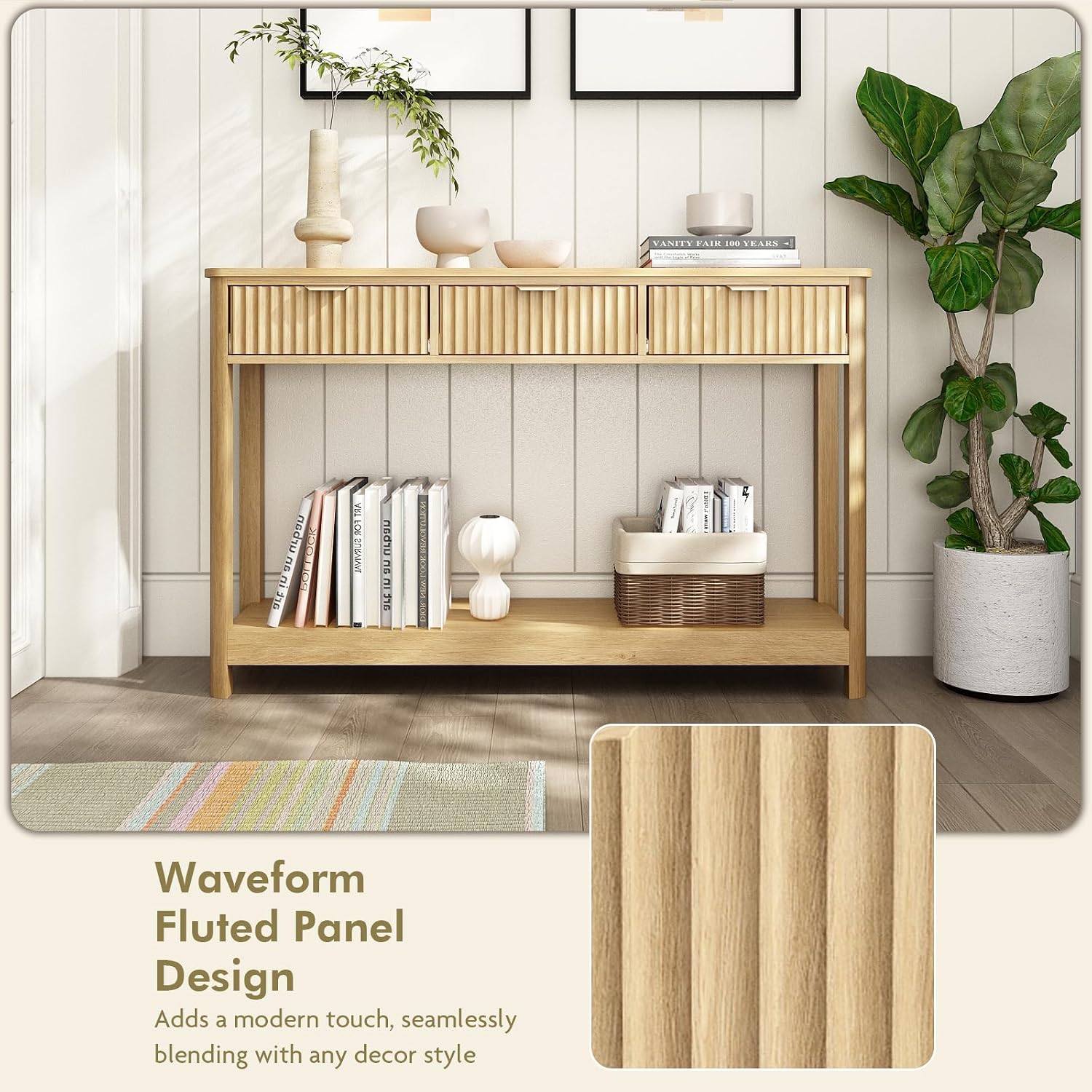 HOKYHOKY Set of 2 Console Table with Drawers, Modern 47.1' Entryway Table with Storage Shelf, Boho Narrow Skinny Behind Couch Wood Sofa Table for Living Room Hallway Entrance Foyer,Natural