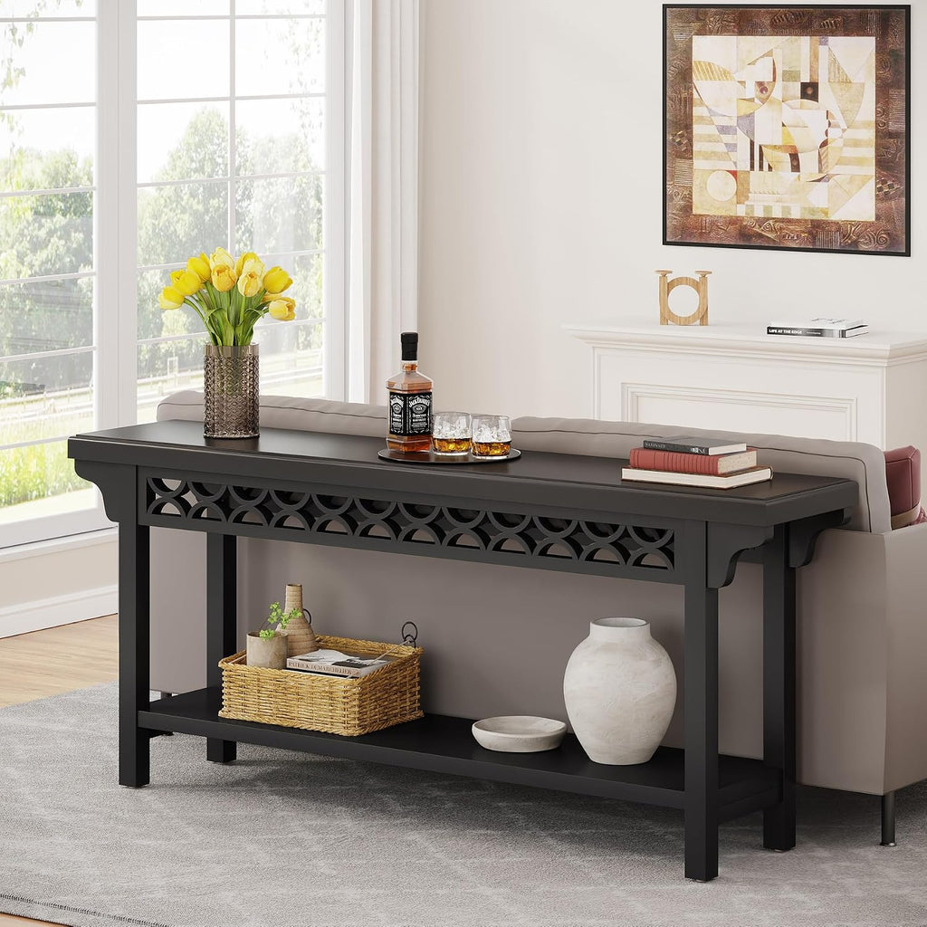 Tribesigns 70.8-Inch Solid Wood Long Console Table, Farmhouse Entryway Table with Storage, Narrow Sofa Table Grey Couch Table for Living Room Entryway Hallway (Black)
