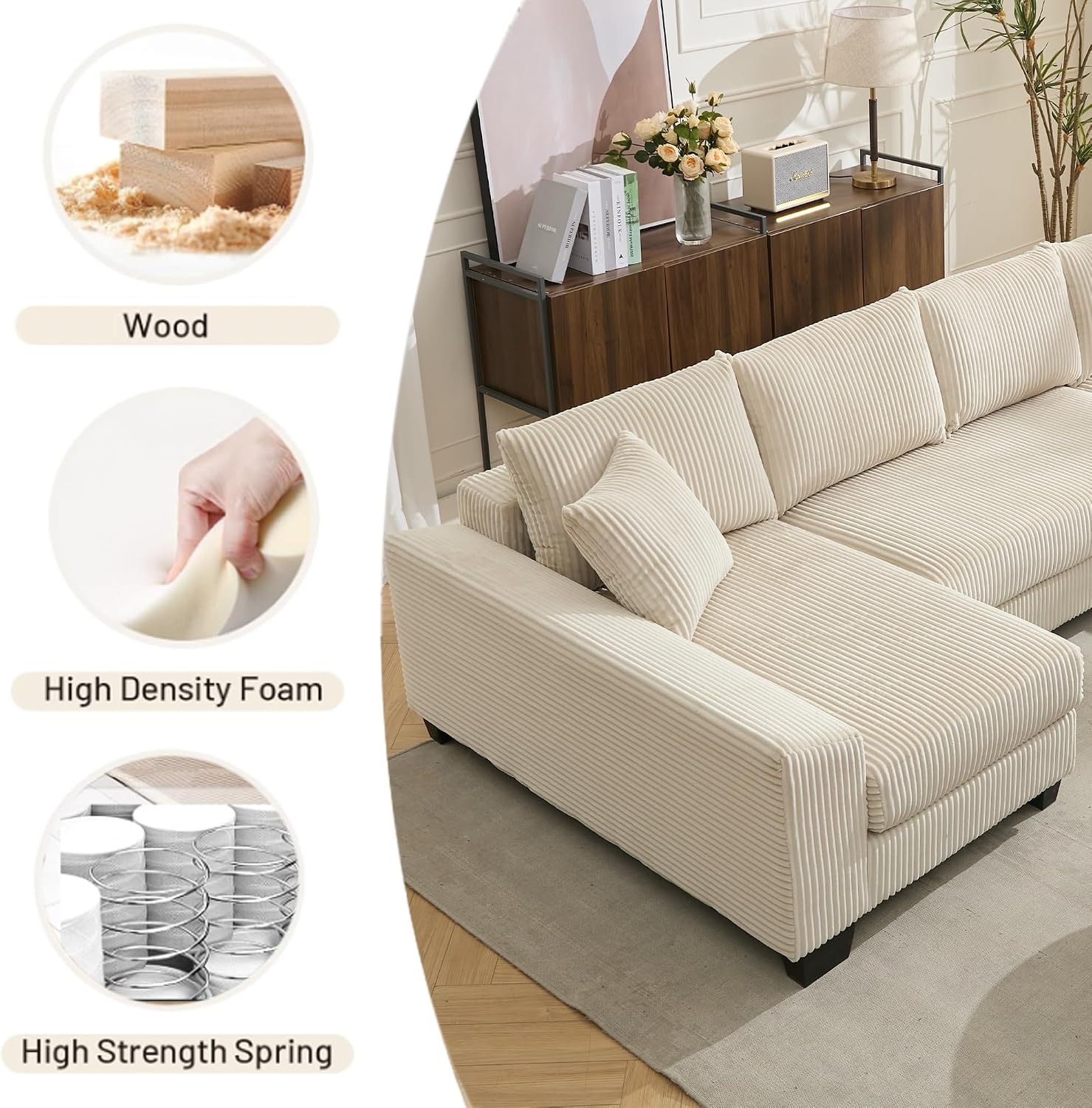 114' Sectional Couches with Pull Out Bed for Living Room, Oversized 2 in 1 Sectional Sleeper Sofa Comfy, Modern Upholstery 4 Seat U Shaped Couches with Double Chaise for Apartment, Beige