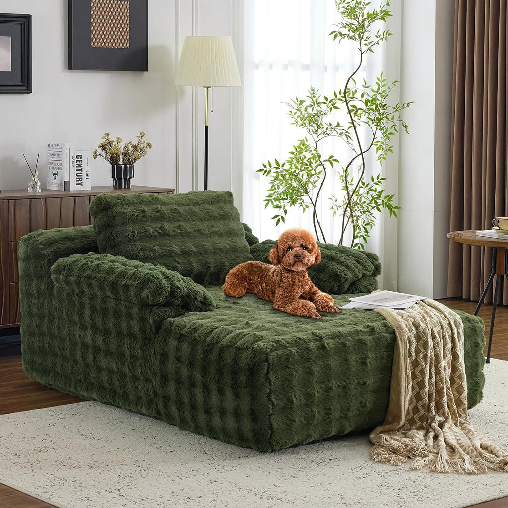 VINGLI Chaise Lounge Chair, Green Boneless Couch Oversized Reading Chair Upholstered Bubble Fleece Cloud Couch Sofa Recliner Bed Comfy Sleeper Couches for Living Room, Movie Room, Bedroom
