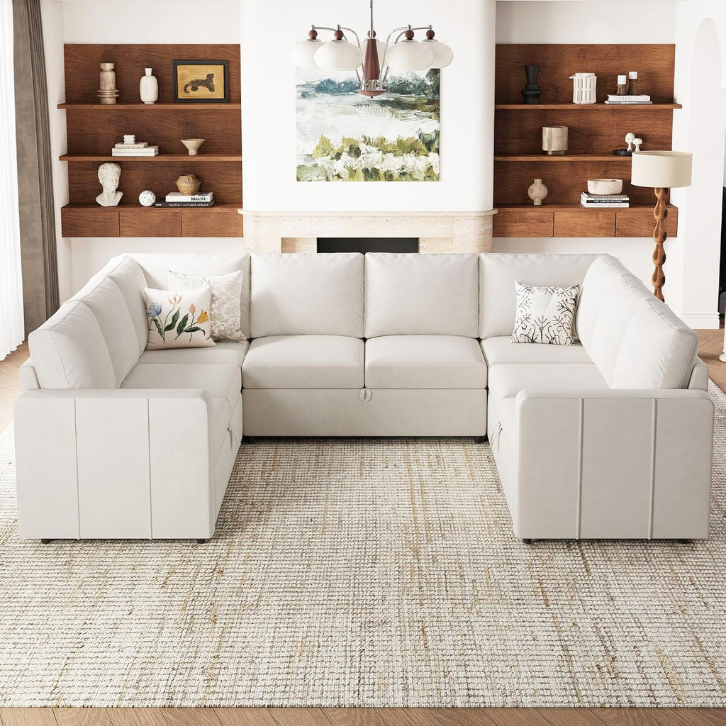 Belffin Modular Sectional Sleeper Sofa Bed with Pull Out Couch, Oversized U Shaped Modular Sleeper Couch with Double Pull Out Bed, Convertible Sectional Couches for Living Room, Beige