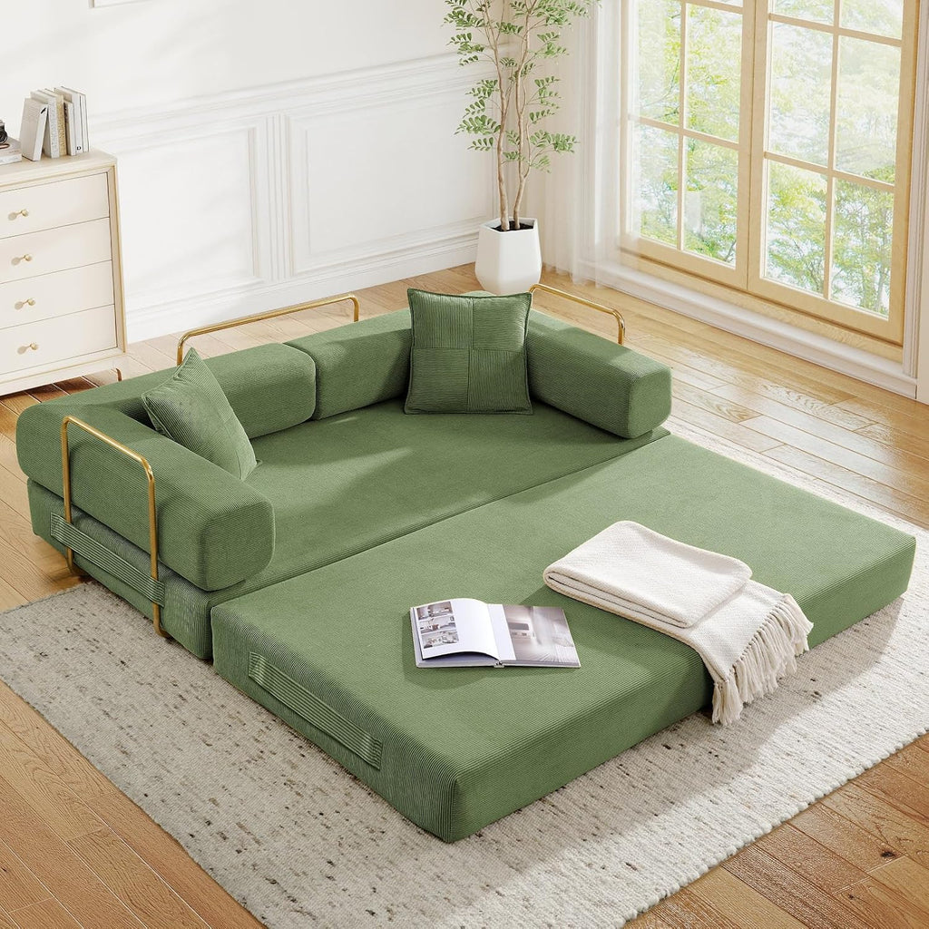 Modular Couch Bed, Convertible Folding Plush Corduroy Comfy Floor Memory Foam Compression Loveseat Sleeper Sofa Couch, King Size Bed for Guest Room Living Room Bedroom, No Assembly, Olive Green