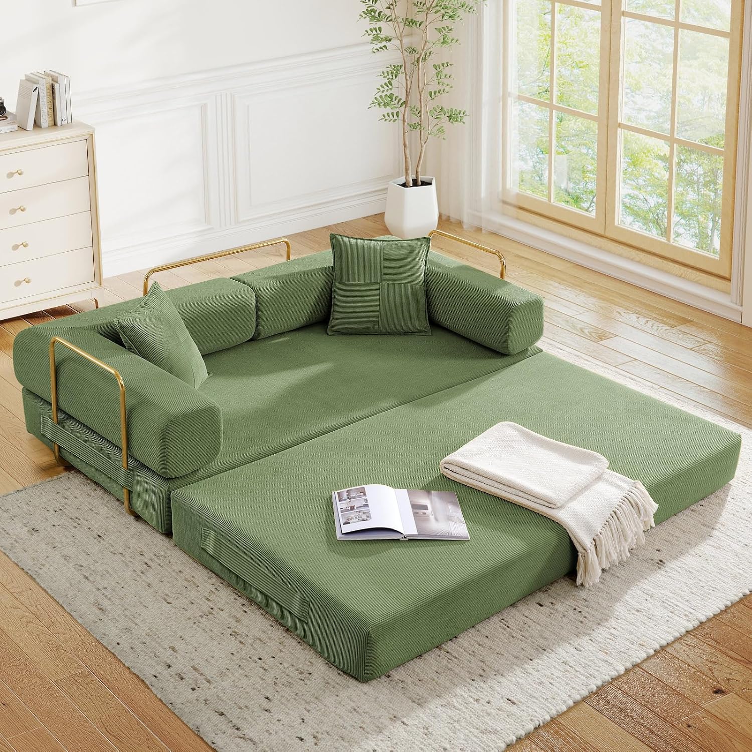 Modular Couch Bed, Convertible Folding Plush Corduroy Comfy Floor Memory Foam Compression Loveseat Sleeper Sofa Couch, King Size Bed for Guest Room Living Room Bedroom, No Assembly, Olive Green