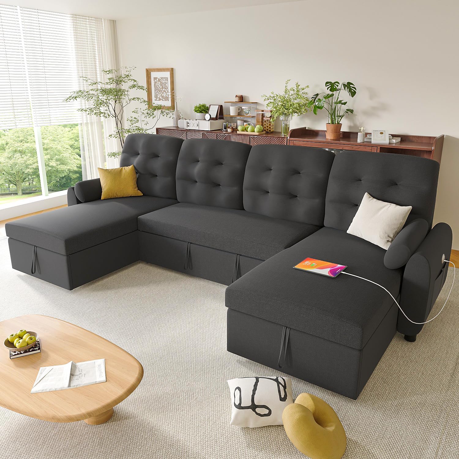 Ucloveria Sleeper Sofa Bed, 112' U Shaped Sectional Sofa Couches for Living Room, Pull Out Couch Bed with Dual Reversible Storage Chaise | Charging Station | Side Pockets | Removable Backrest