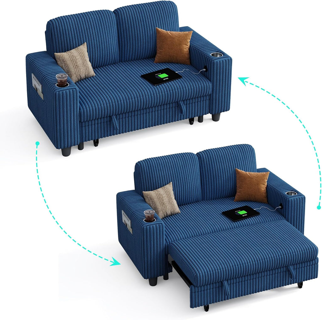 LINSY HOME Pull Out Loveseat Sofa Sectional Sleeper Sofa, Plush Corduroy Love Seat Couch Pullout Modular Sectional Couches for Living Room Apartment Bedroom (Blue)