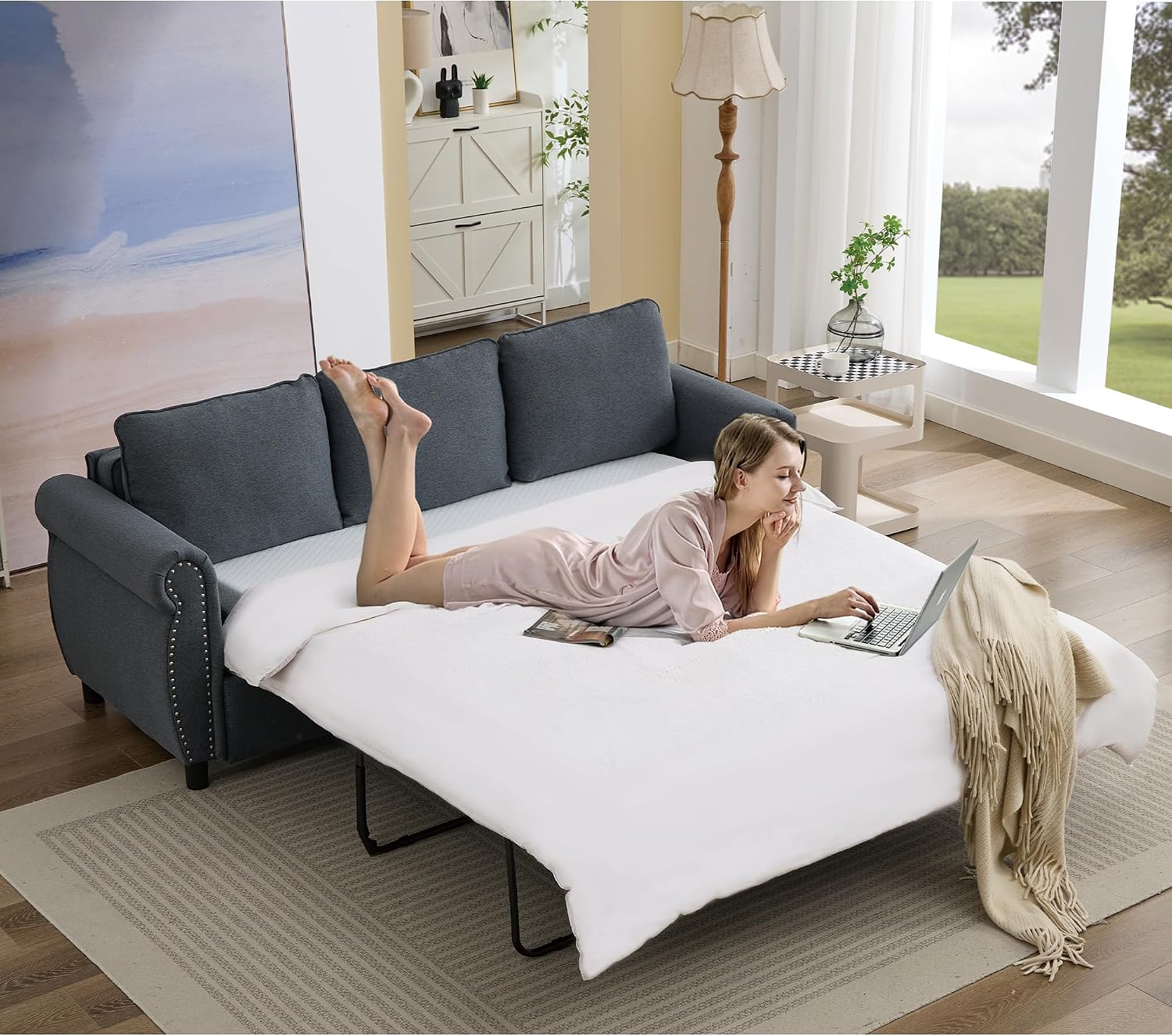 81.5'' Pull Out Couch Queen Size, Convertible Sleeper Sofa Bed, Upholstered Linen 3-Seater Sofa with Pull Out Bed, Mattress, Rivet, Deep Couches for Living Room, Apartment, Dark Grey