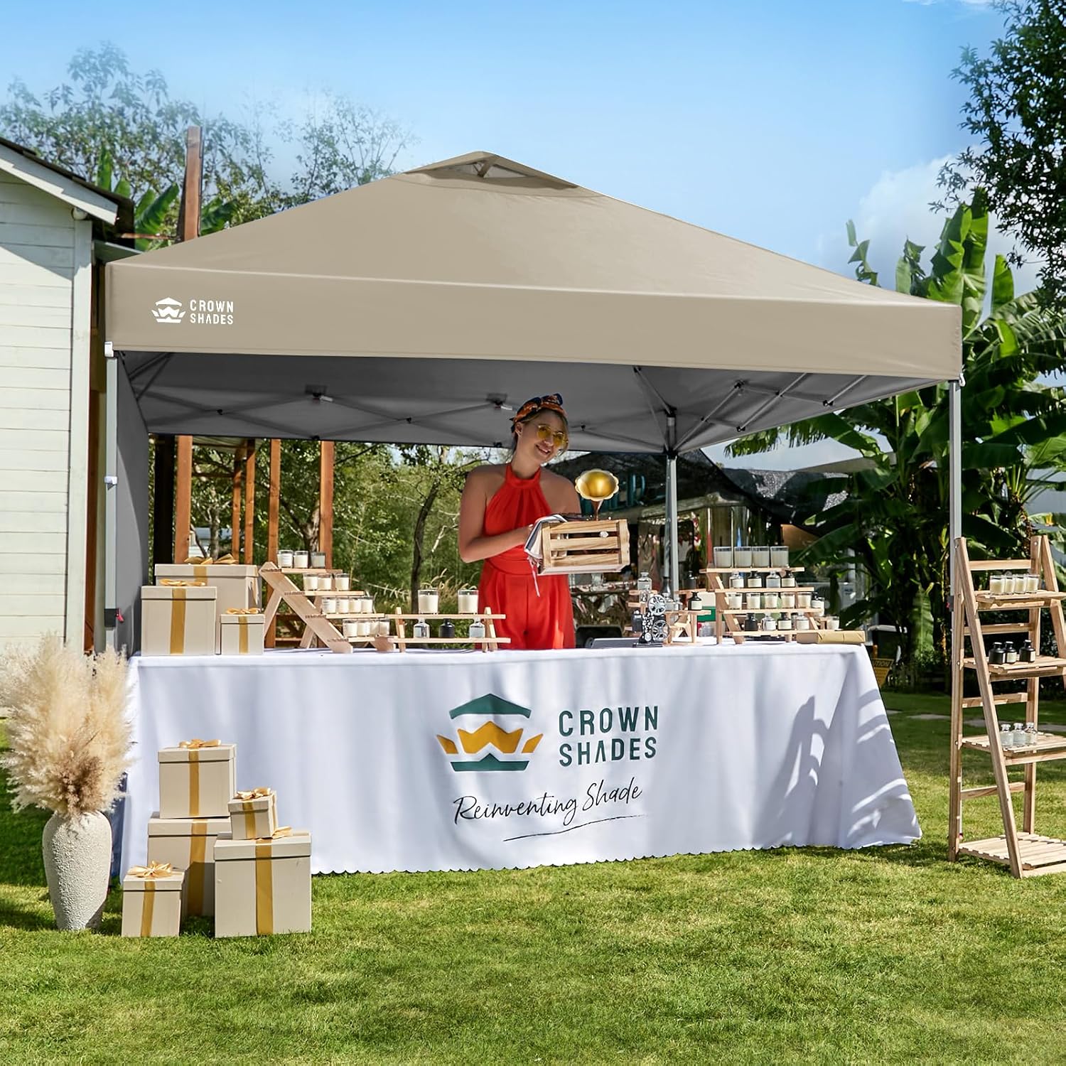 CROWN SHADES Pop Up Canopy with 1 Side Wall - Beach Tent with One Push Setup - Outdoor Sun Shade for Events, Parties, Camping - Gazebo with STO-N-Go Cover Bag, Beige, 12x12FT