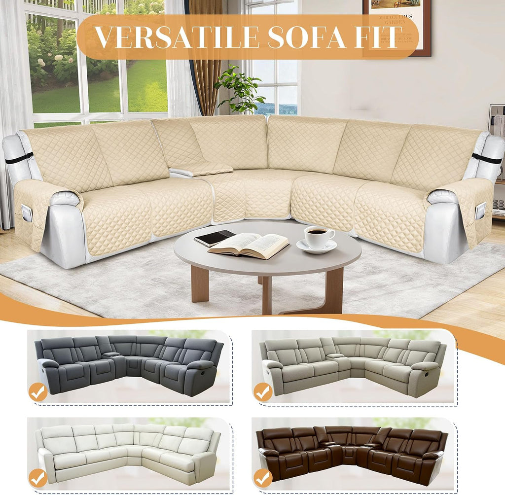 HDCAXKJ 100% Waterproof Reclining Sectional Couch Covers L Shape Recliner Sofa Cover Washable Quilted Soft Pet Corner Recliner Slipcovers with Pockets (XXL 5 Seat and 1 Middle Console, Light Beige)
